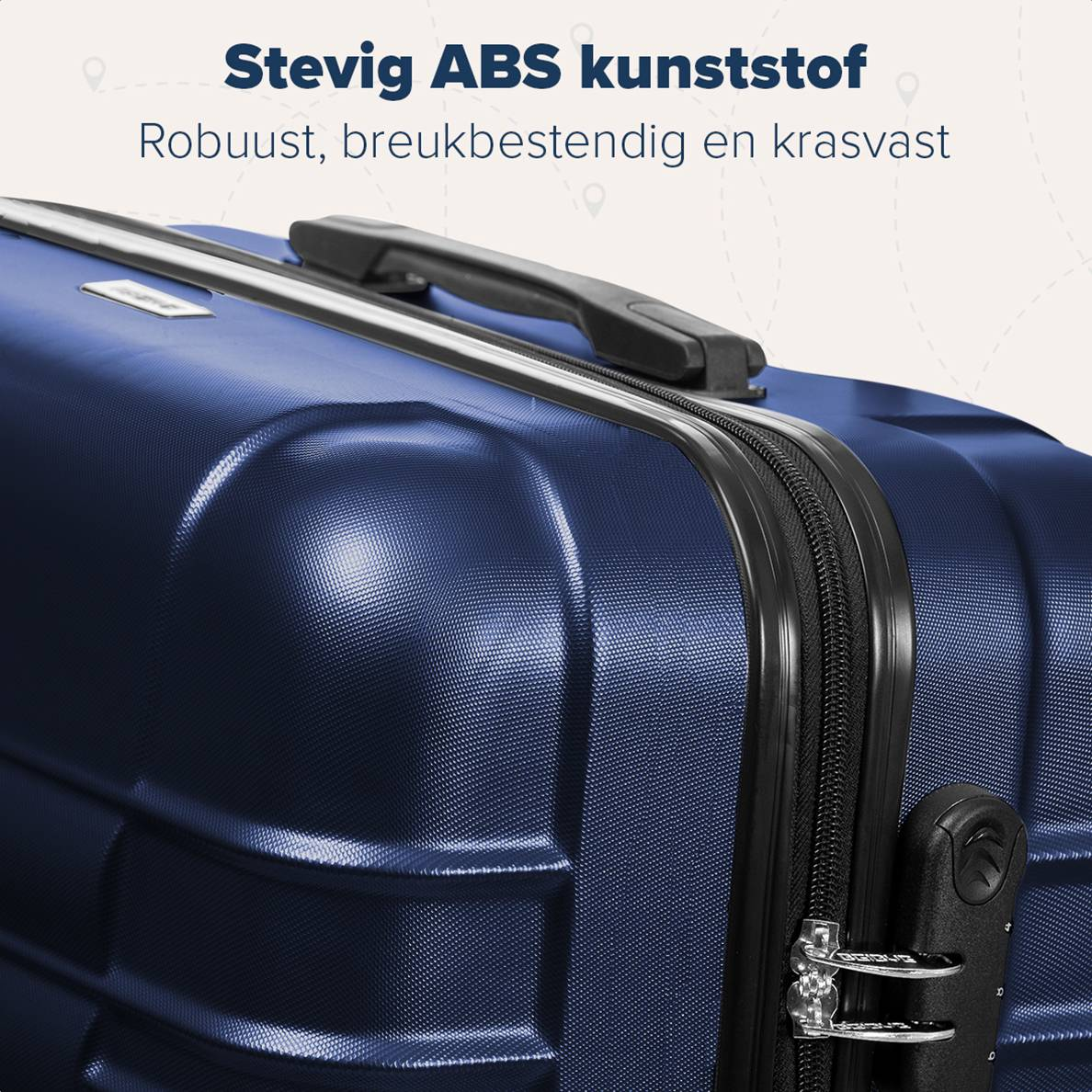 Close-up of a navy blue suitcase showing details and a lock.