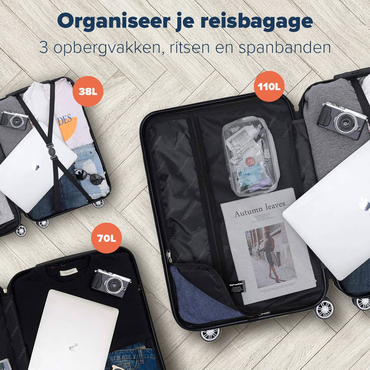 Open koffers, inhoud: kleding, laptop, accessoires, georganiseerd van binnen.