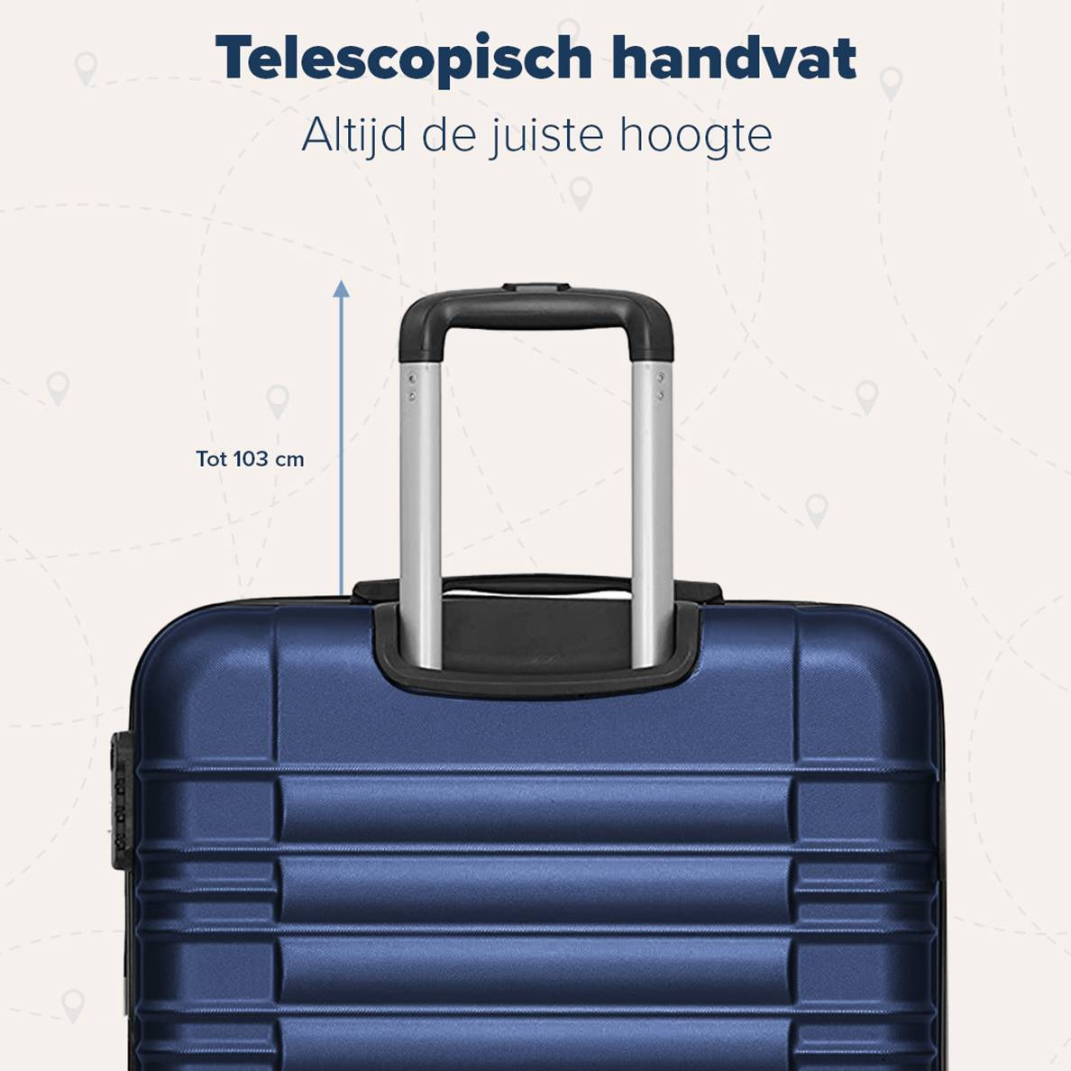 Blue suitcase with a retractable handle. The handle is extended, and the text is in Dutch.