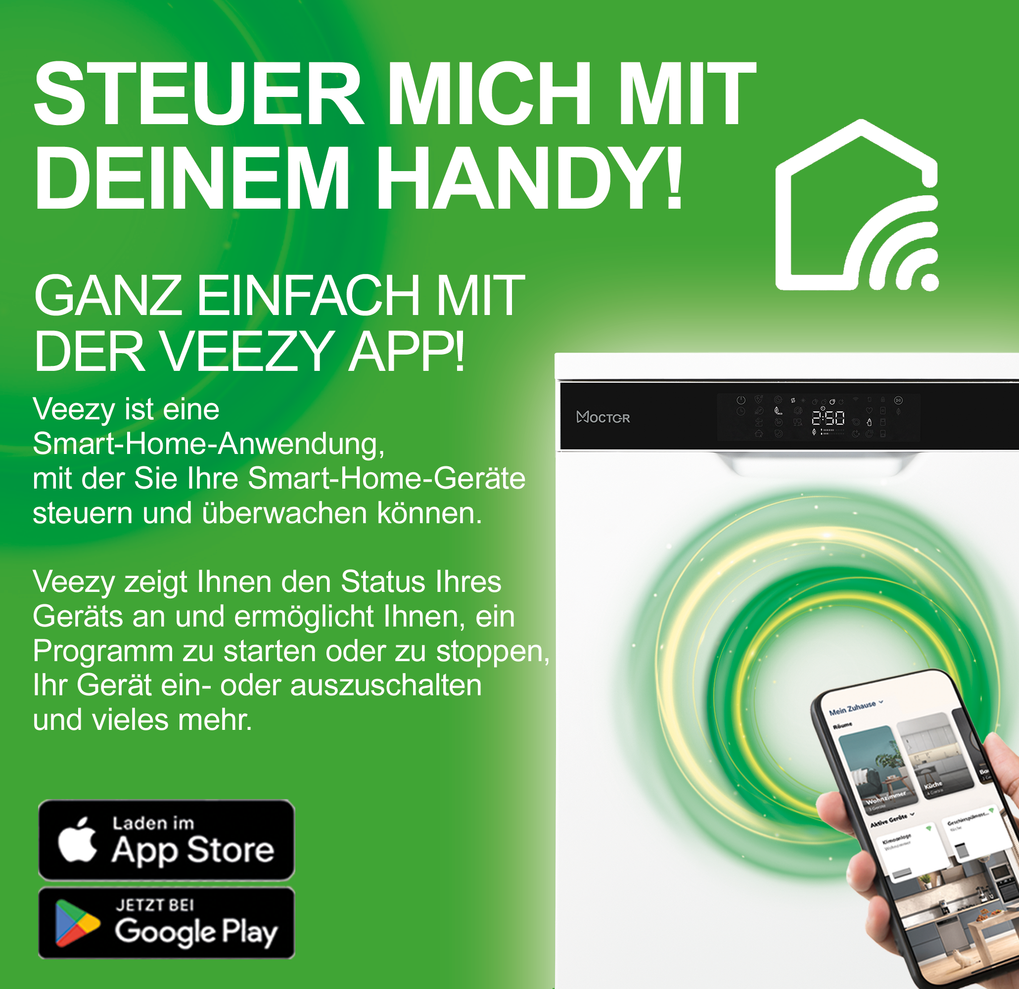 Hand, die ein Telefon mit einer Veey-App auf grünem Hintergrund hält. Text: Steuern Sie Ihre Geräte mit der App.