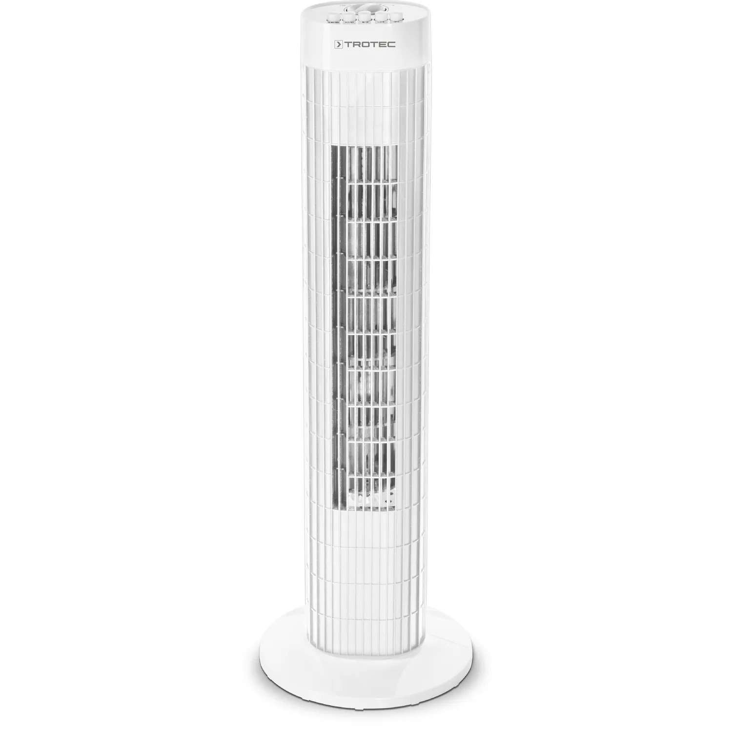 Ventilatore verticale bianco e alto su base bianca, design cilindrico.