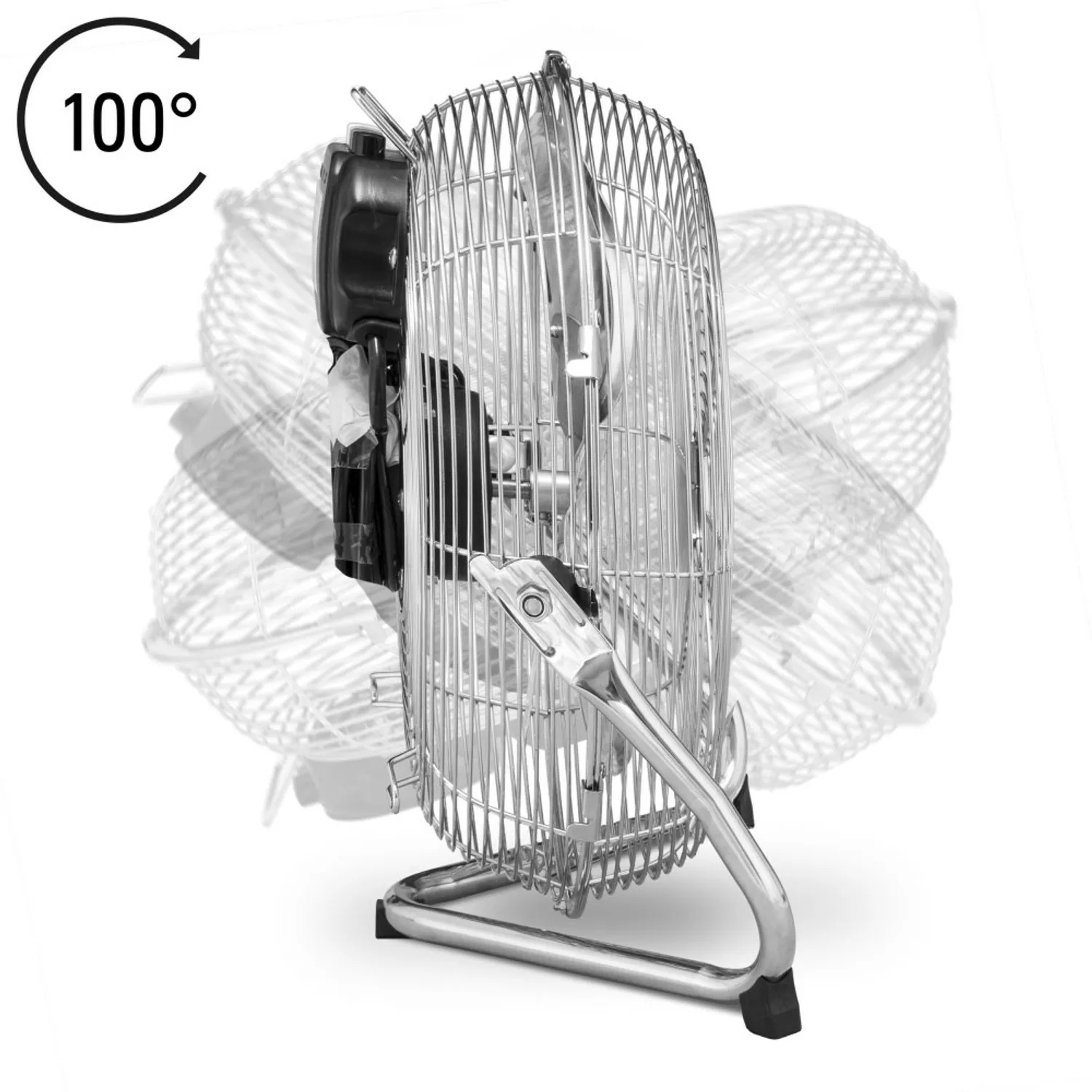 A silver oscillating fan with a black motor. Marked 100 degrees rotation. White background with a blurred fan outline.