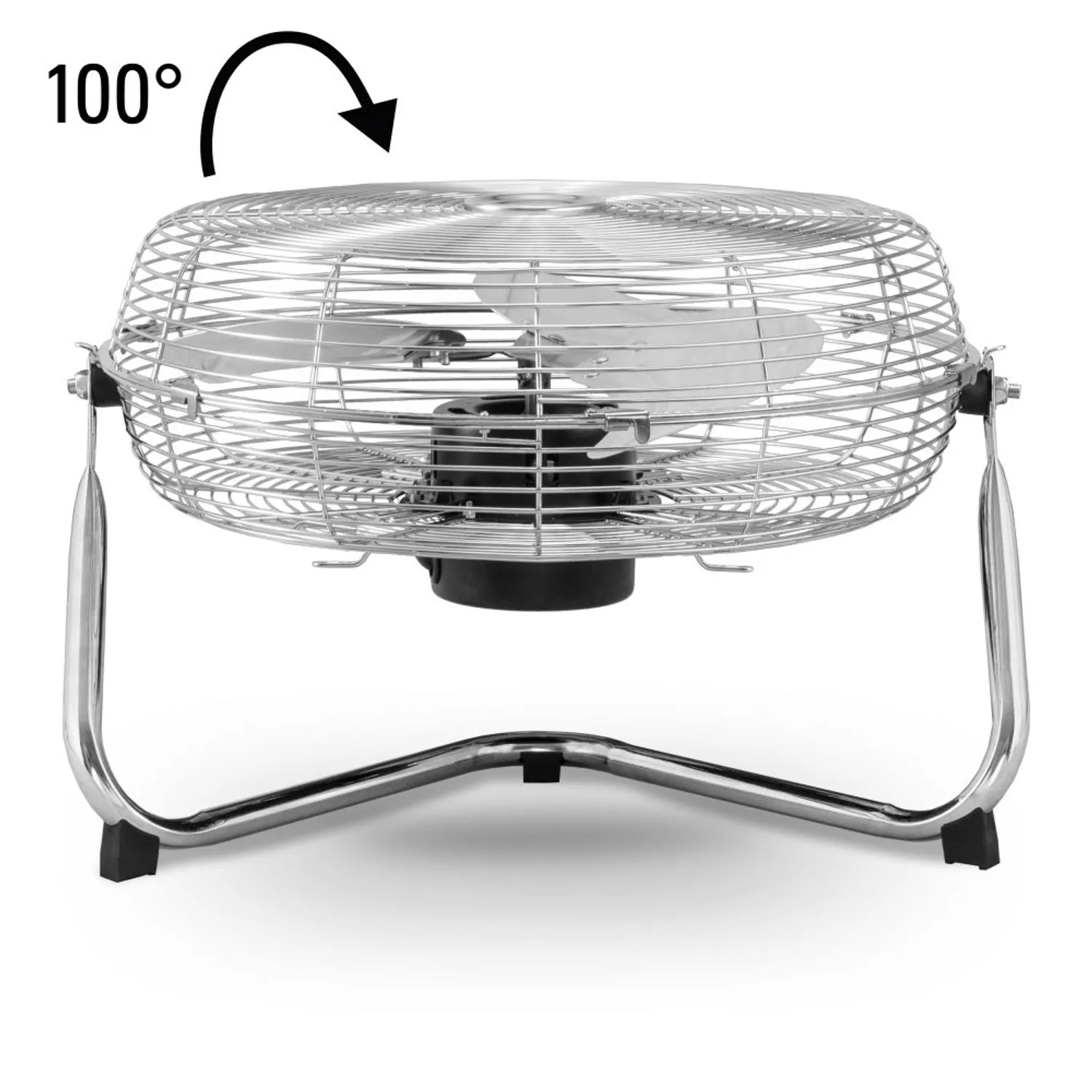 Silver industrial fan with a protective grille, on a white background, can rotate 100 degrees.