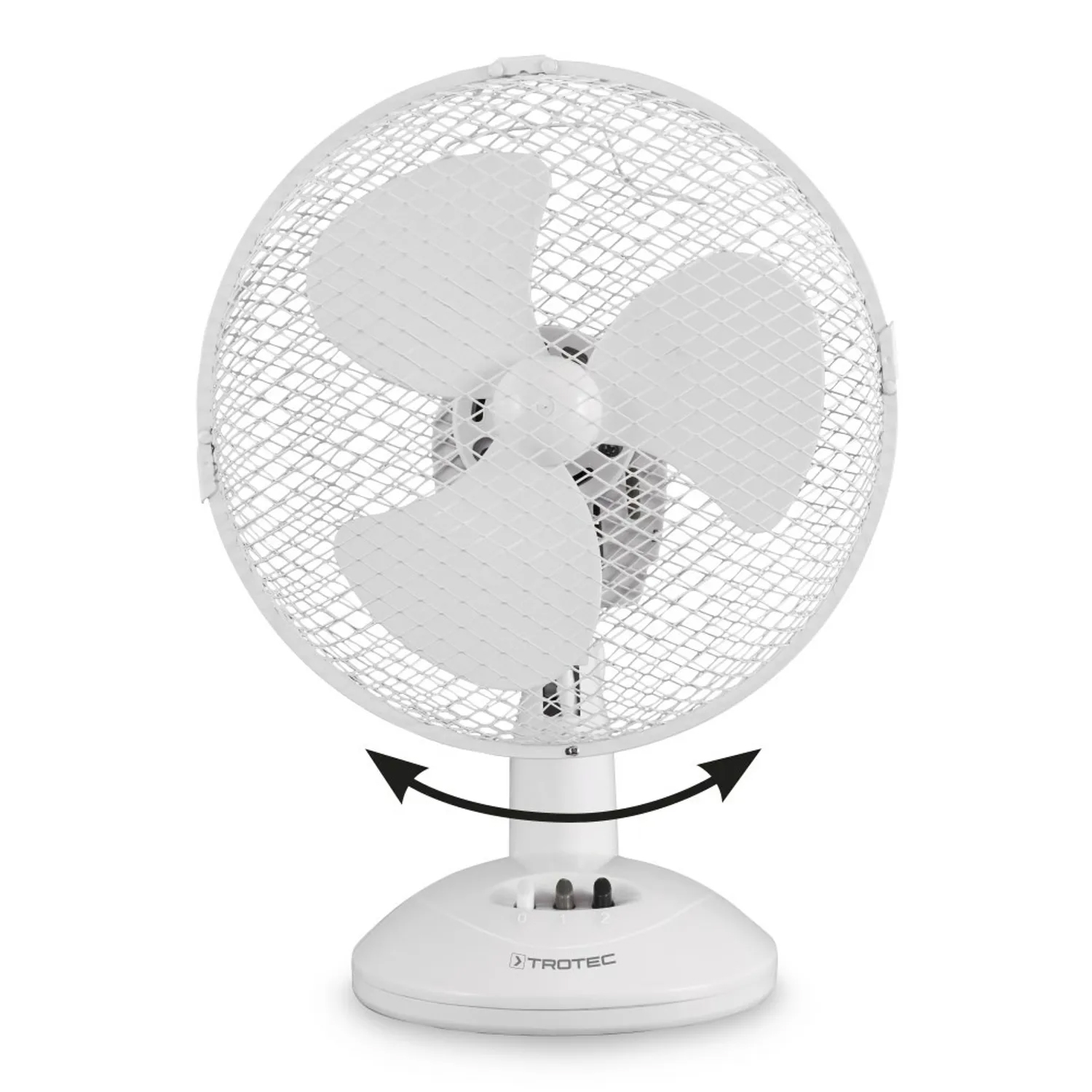 White desk fan with three blades inside a protective white mesh.