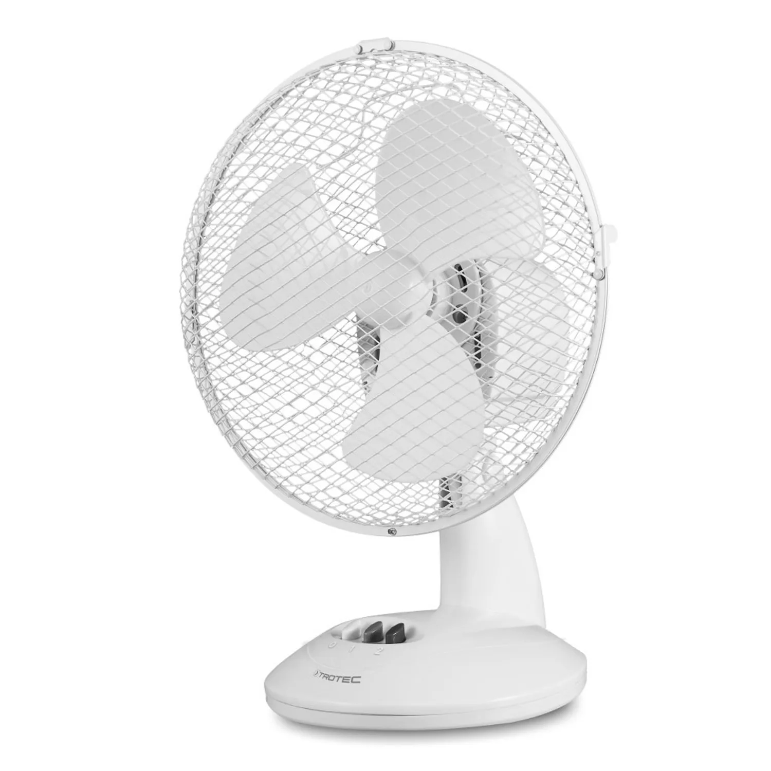 White desk fan with three blades, enclosed by a wire mesh. The base is white, with a curved design.