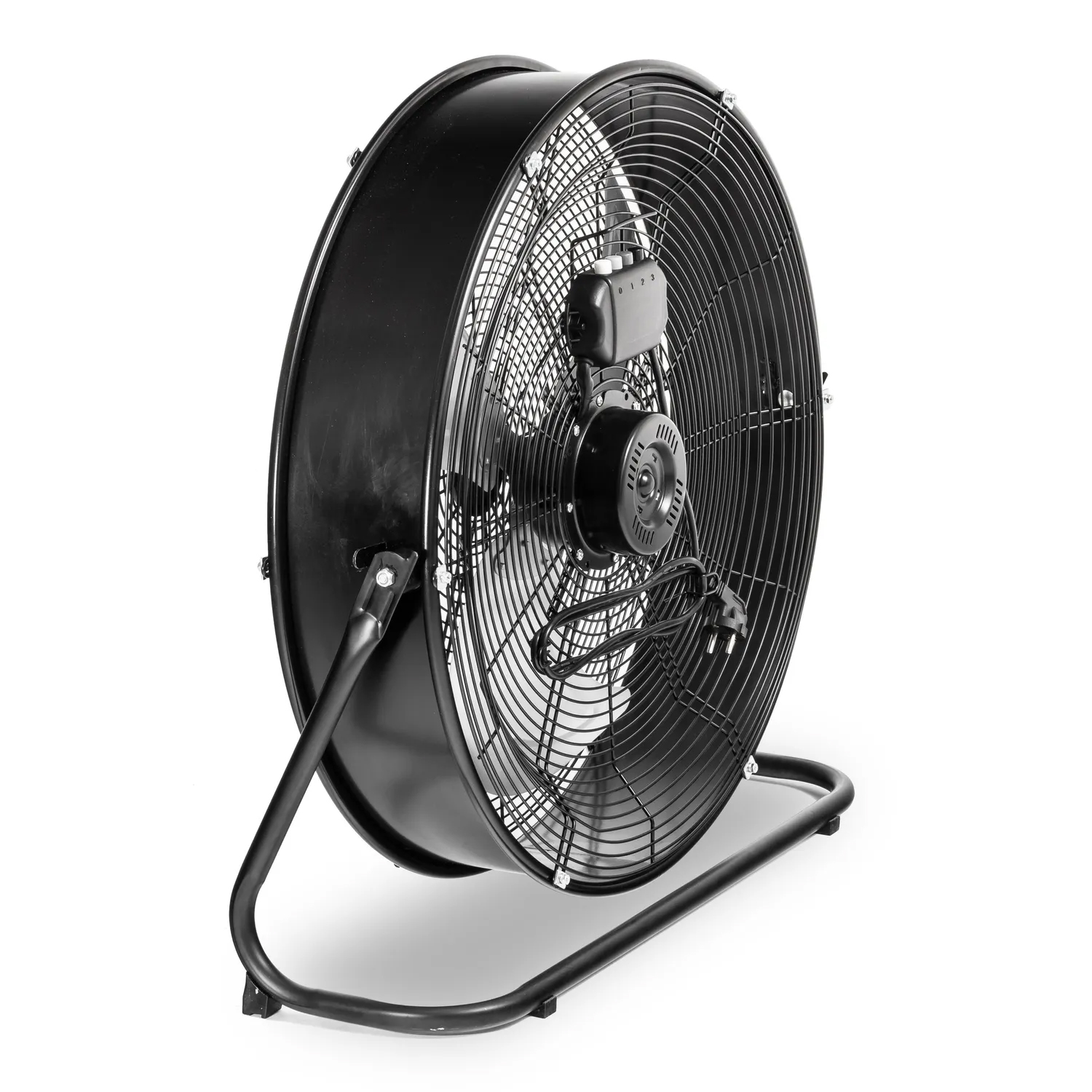 Black industrial fan with a wire cage. It has a black base and sits on a white surface. Isolated view.