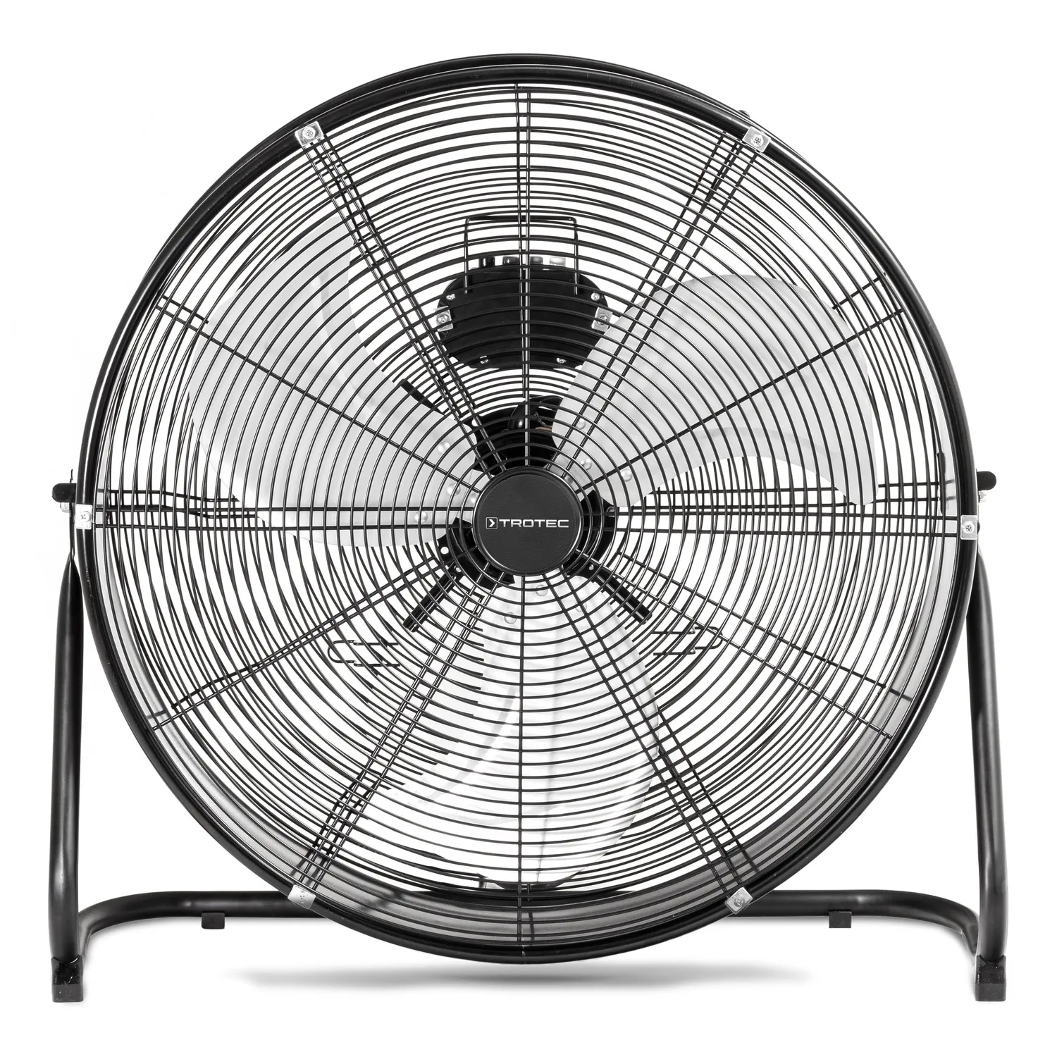 A black industrial fan, round with protective cage and blades, on a white background.