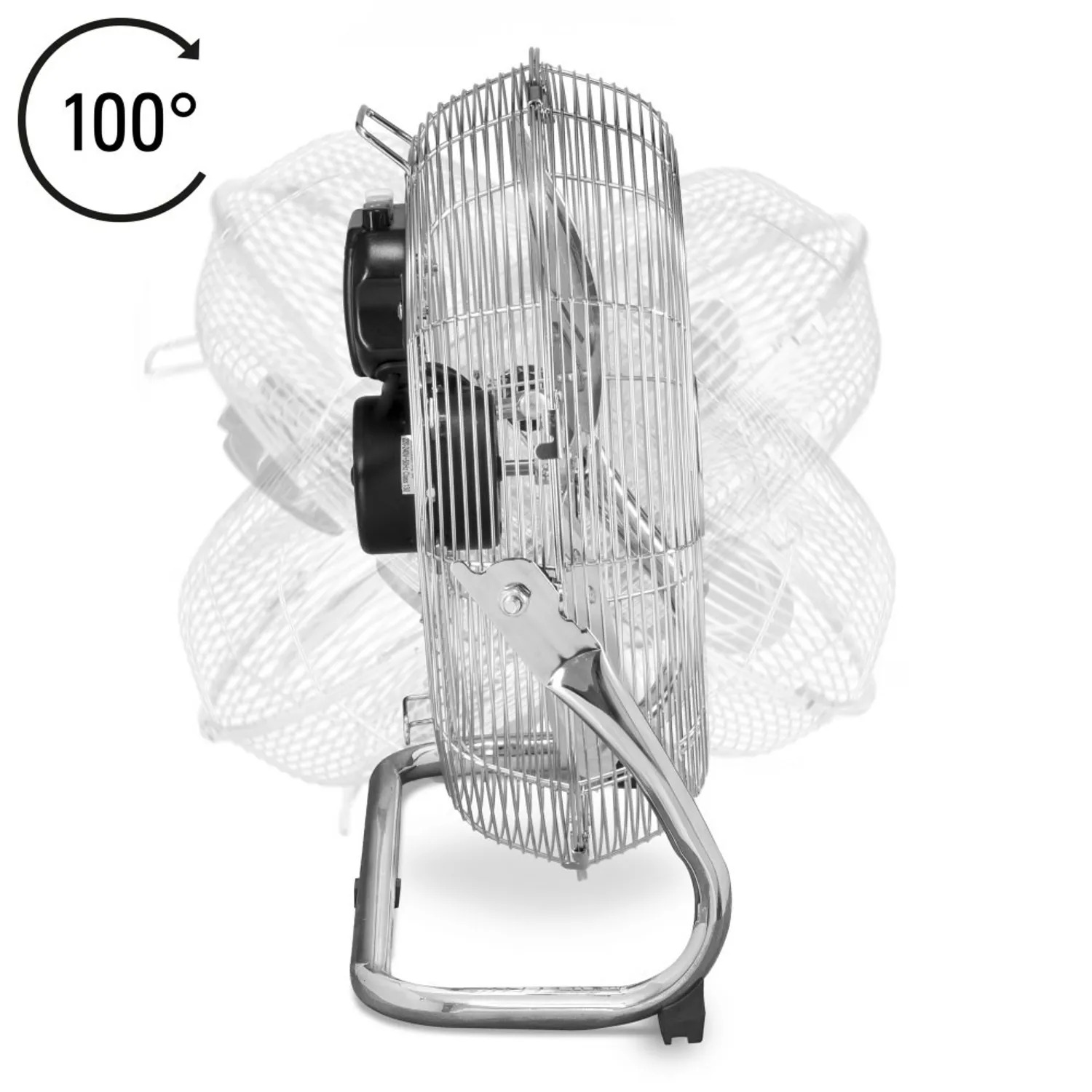 A silver fan with a metal cage. The fan is angled and displays the ability to pivot 100 degrees.