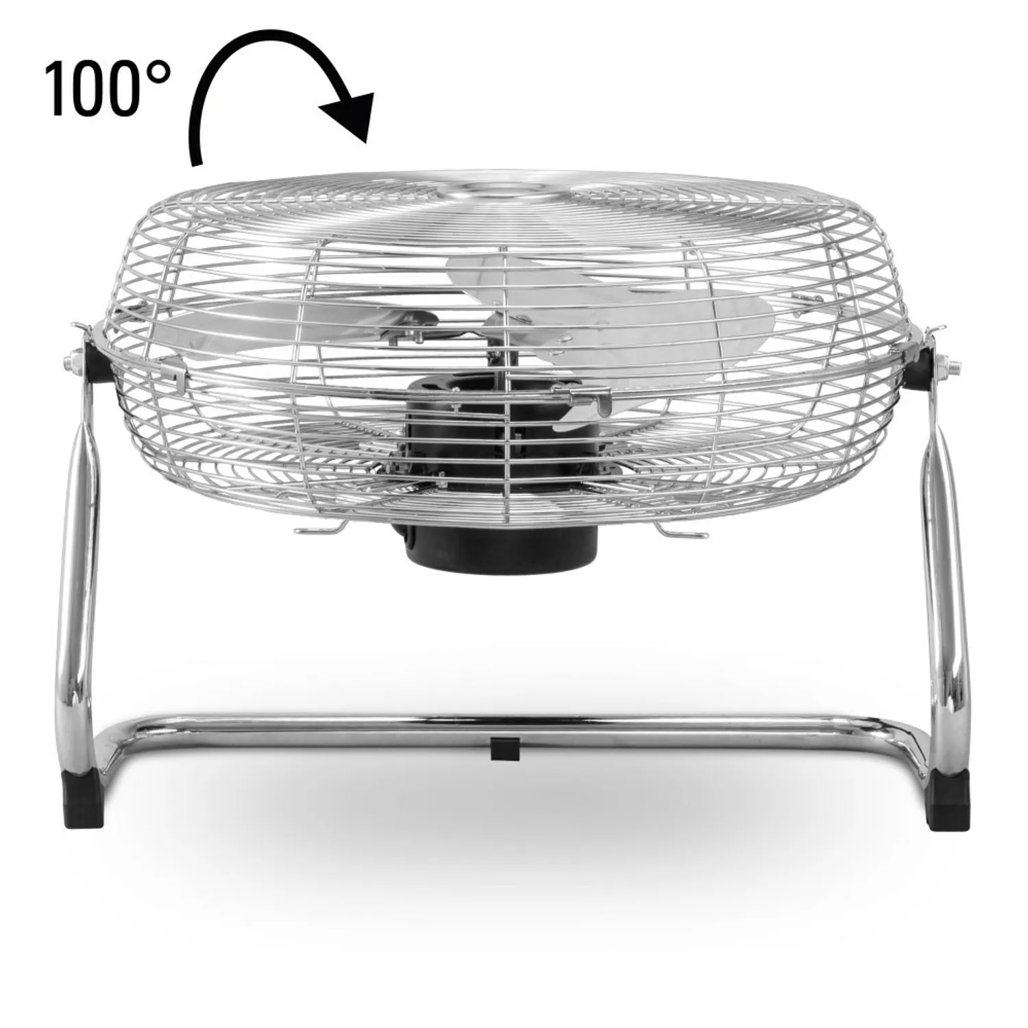 A chrome floor fan rotating. The image shows the fan in motion, with the blades clearly visible.