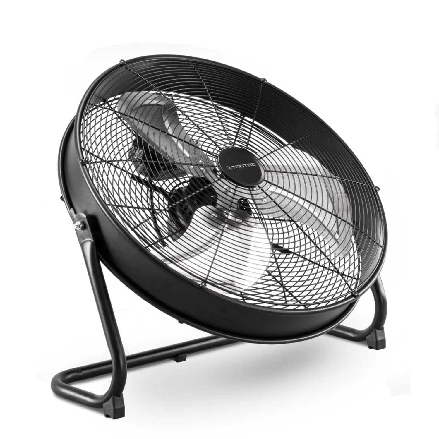 Black industrial fan on a white background, with a circular design and protective grille.