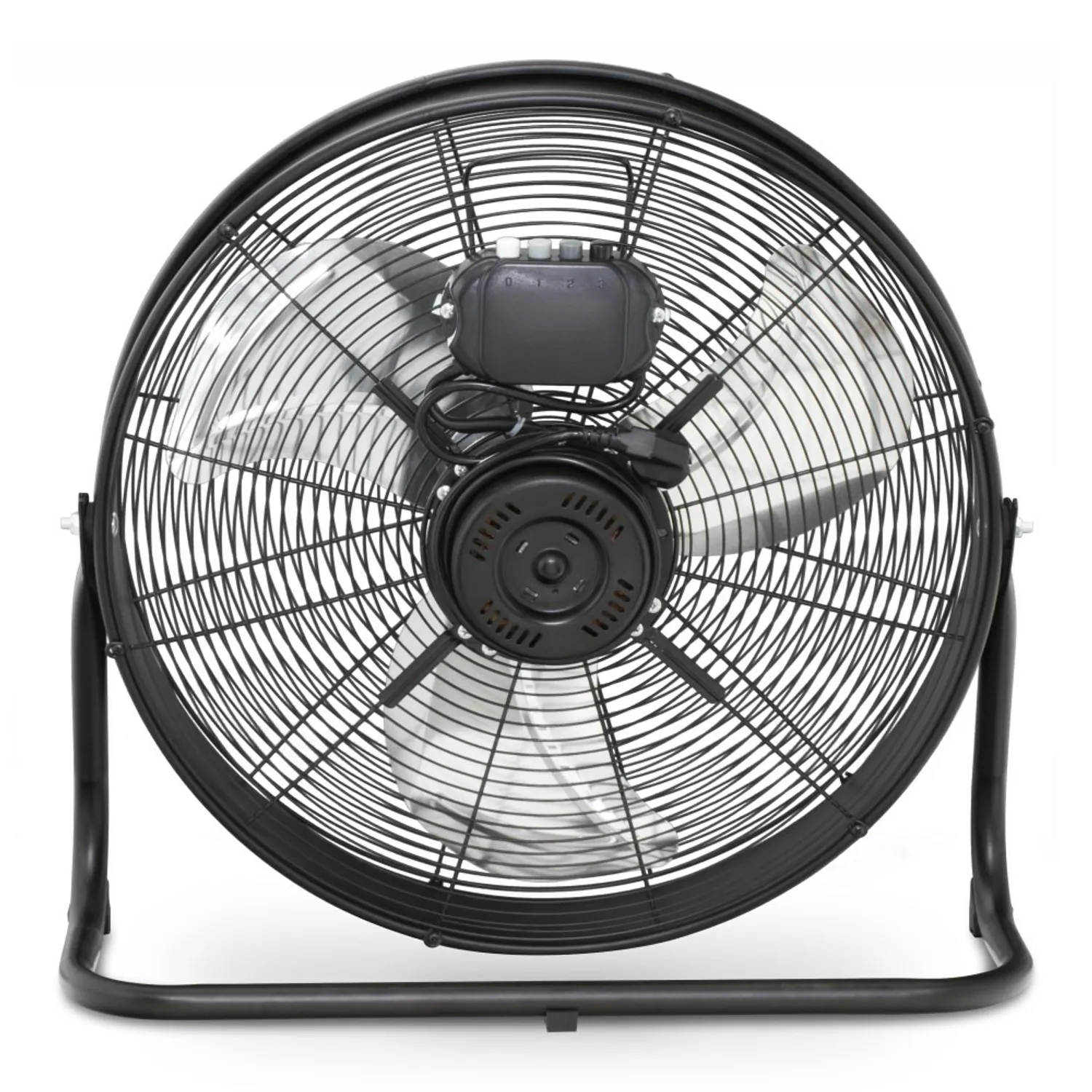 Black fan with a metal cage. The fan is on a black stand. The background is white.