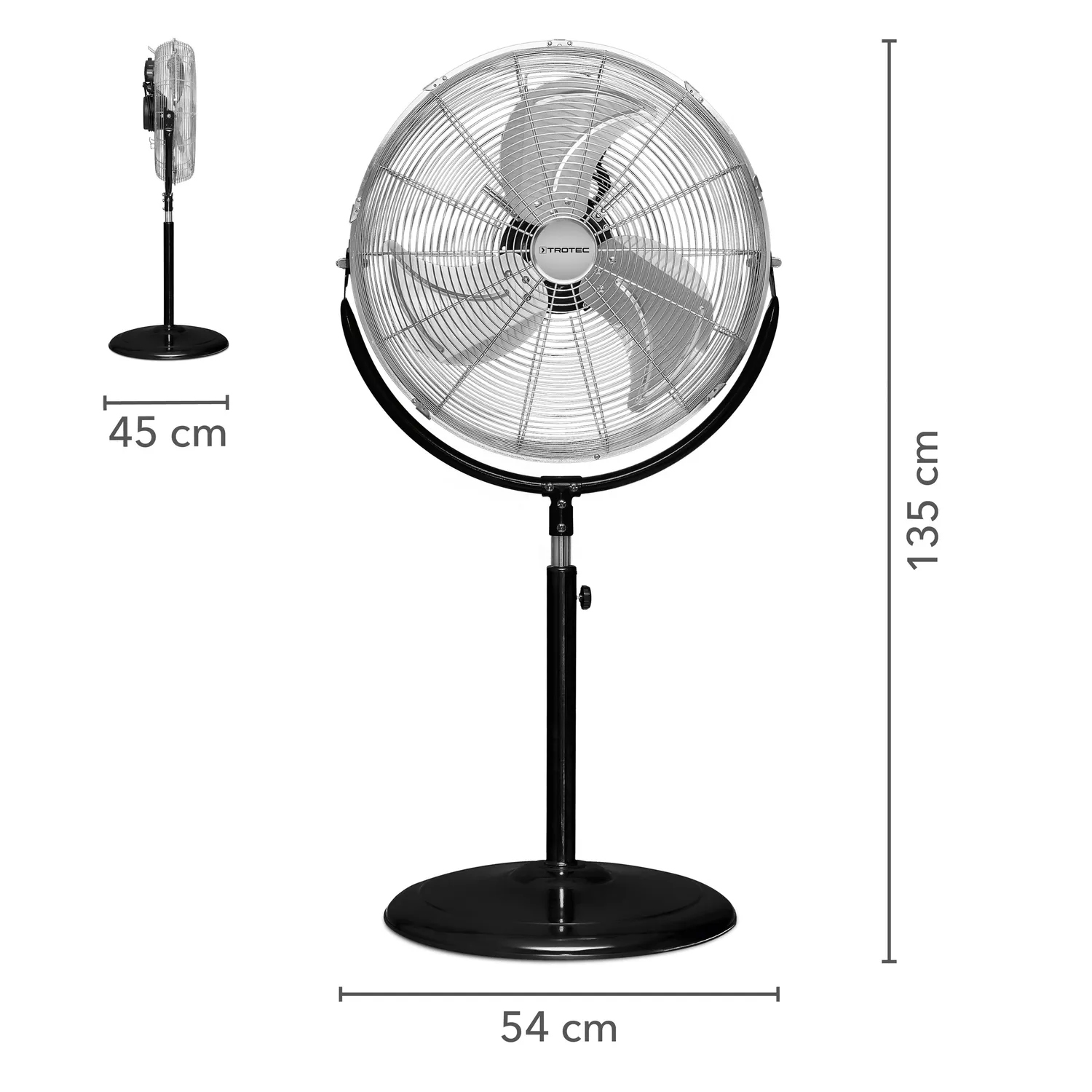 A pedestal fan with measurements, a white background, and a black base and fan.