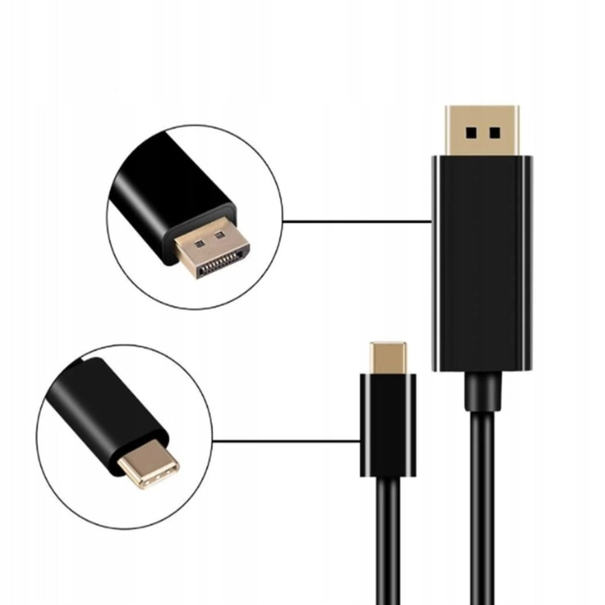 Zbliżenie złączy kablowych: DisplayPort i USB-C. Kable są czarne.