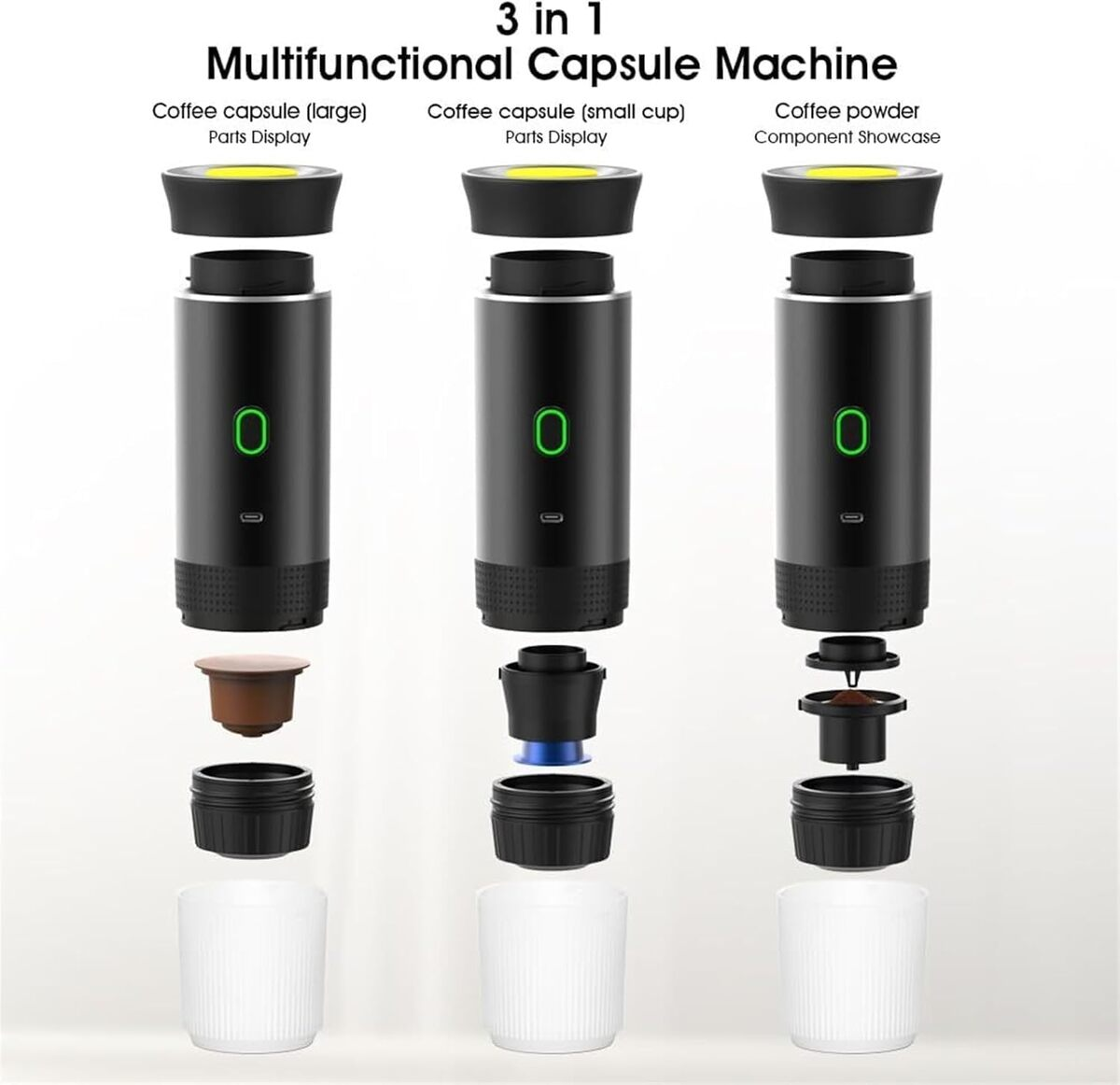 Máquina de café 3 en 1, visualización de piezas. Incluye cápsulas grandes y pequeñas y café en polvo.