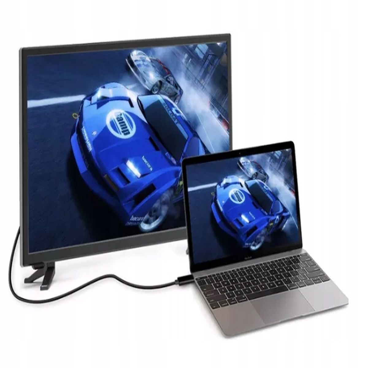 Laptop podłączony do monitora. Oba wyświetlają grę wyścigową. Samochody są niebieskie.