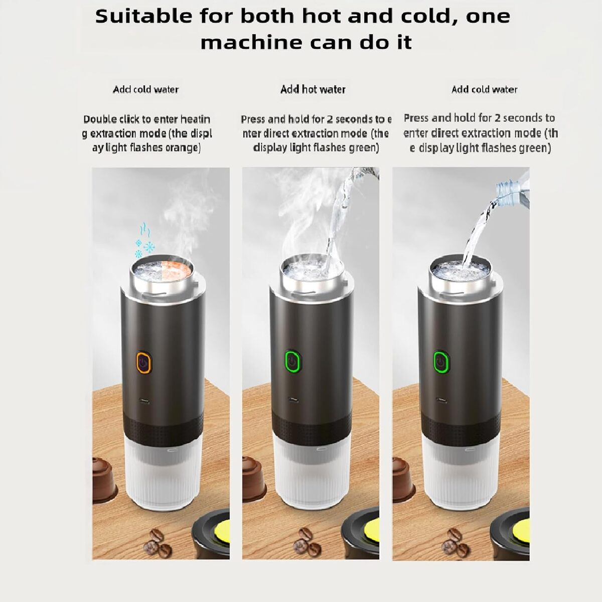 Cafetera portátil con tres etapas: agua fría, agua caliente y agregar agua.