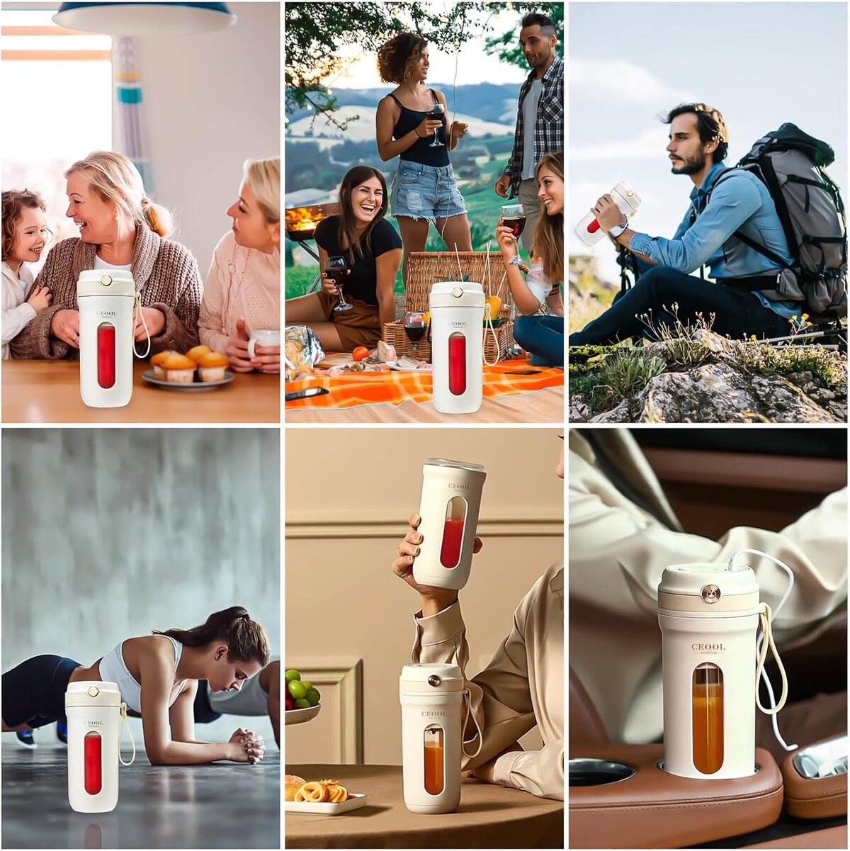 Batidora portátil blanca en varios entornos: casa, picnic, senderismo, gimnasio y coche.