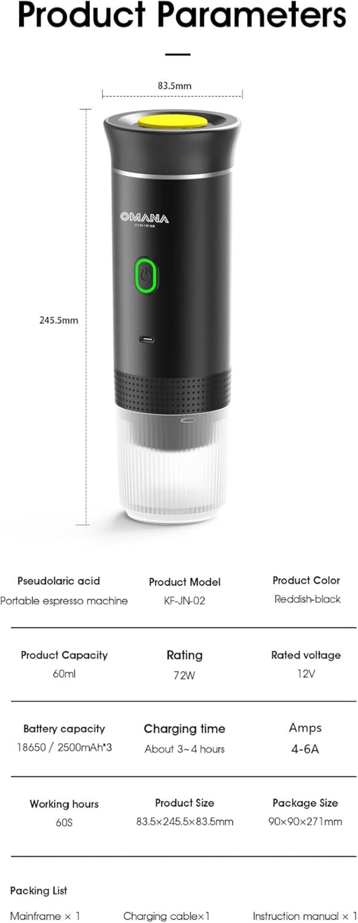 Parámetros del producto de una máquina de espresso portátil, incluyendo tamaño, capacidad y voltaje.