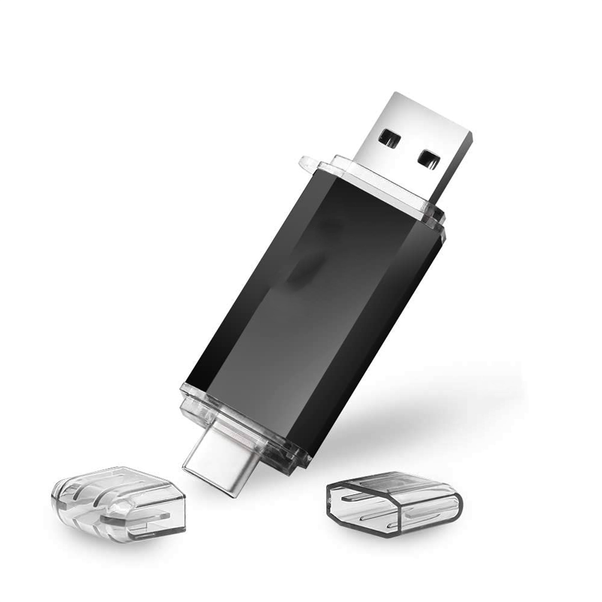 Schwarzer USB-Stick mit zwei Kappen, eine für jedes Ende, auf weißem Hintergrund.