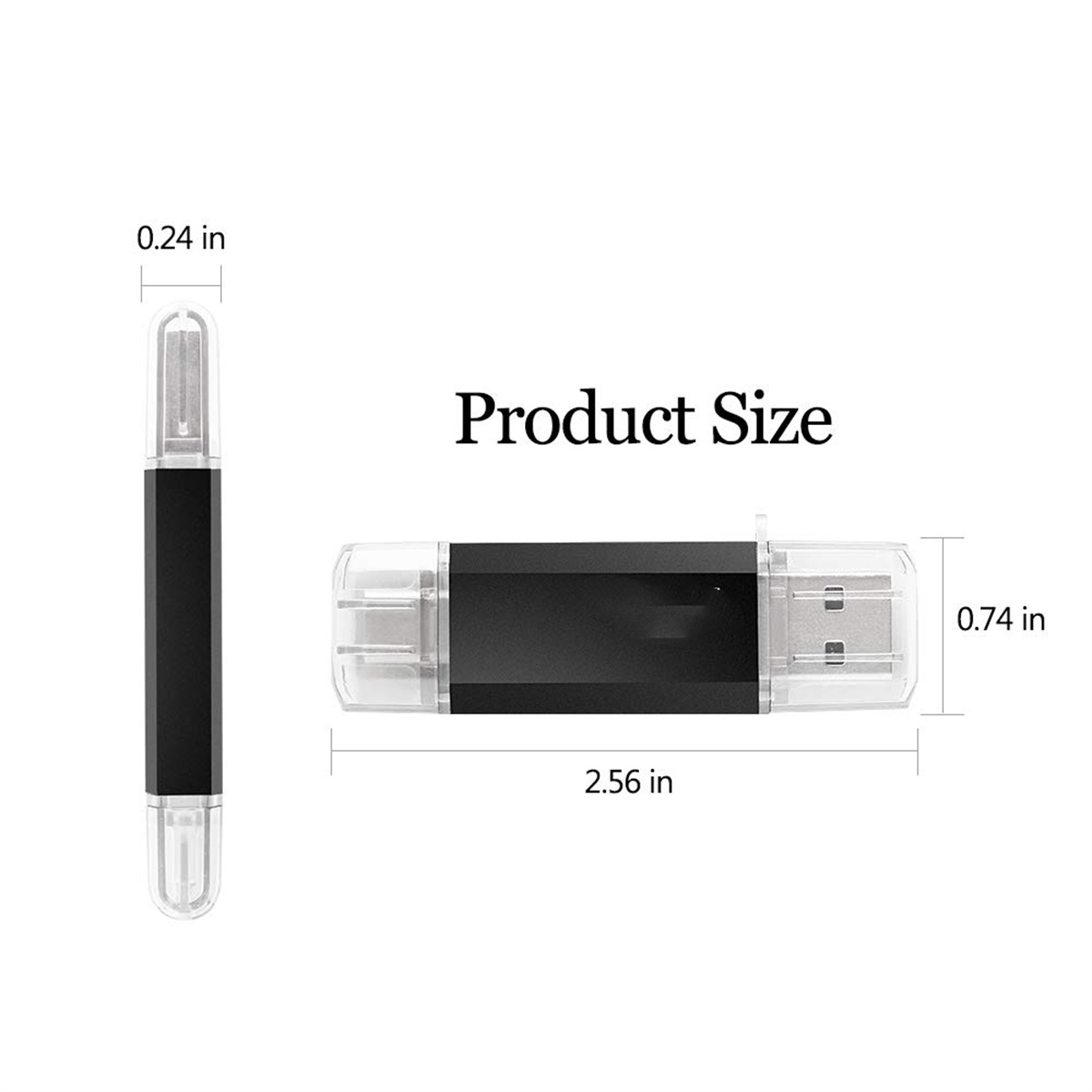 Schwarzer USB-Stick mit zwei Anschlüssen und Größenangaben auf weißem Hintergrund.