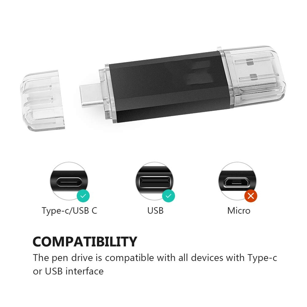 USB-Stick mit USB- und Typ-C-Anschlüssen, mit Kompatibilitätstabelle, weißer Hintergrund.