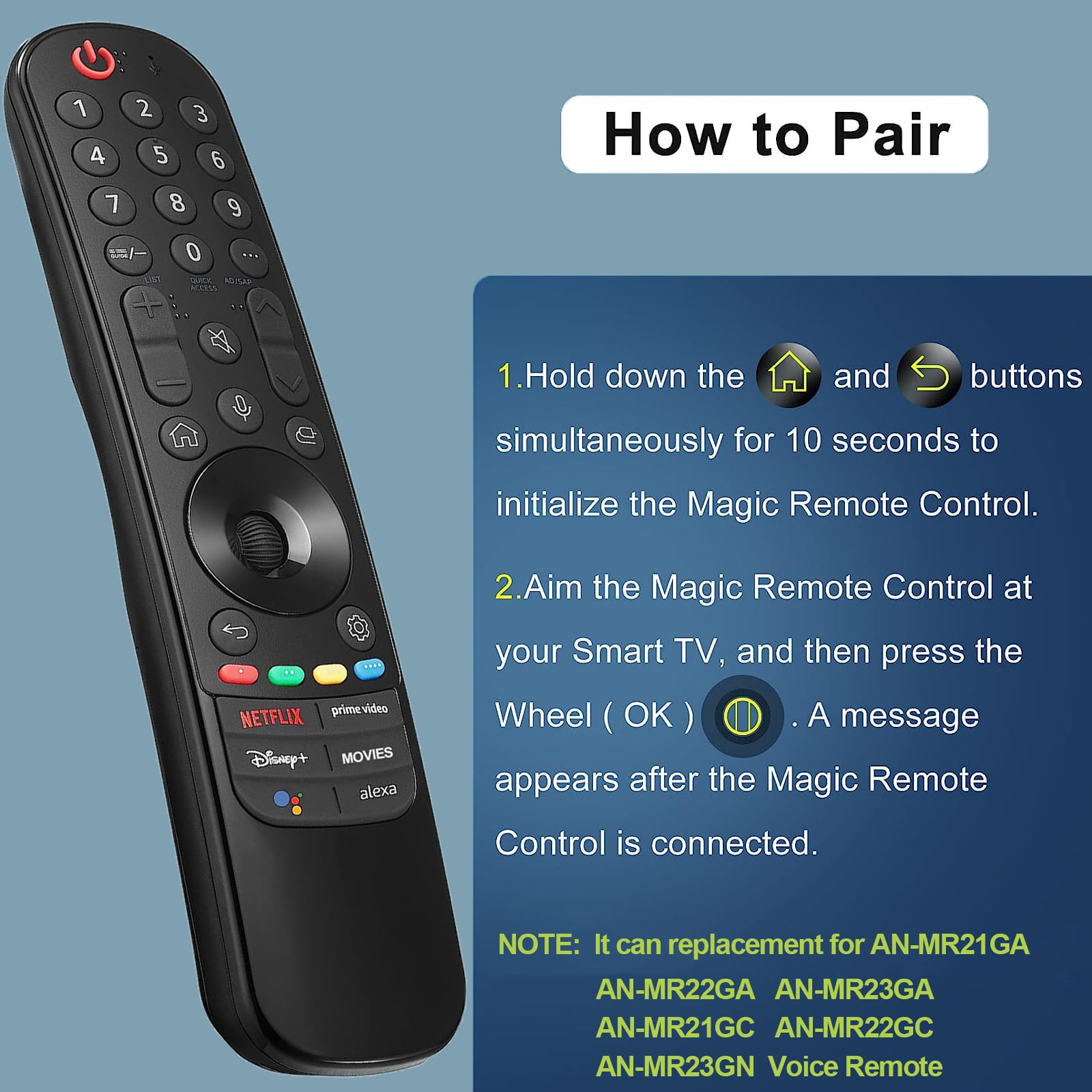 Schwarze Fernbedienung. Anweisungen zum Koppeln der Fernbedienung mit einem Smart-TV werden bereitgestellt.