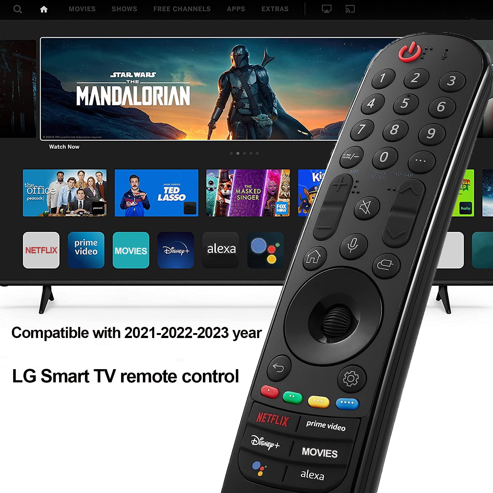 LG Smart TV-Fernbedienung mit mehreren Tasten, auf dunklem Hintergrund mit einem Fernseher.