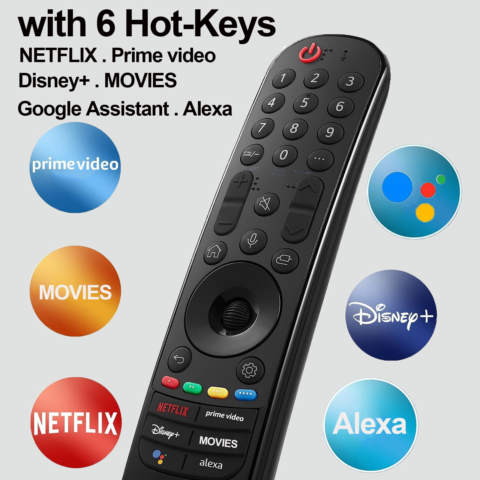 Schwarze Fernbedienung mit Netflix, Prime Video, Disney+, Movies, Google Assistant und Alexa-Tasten.