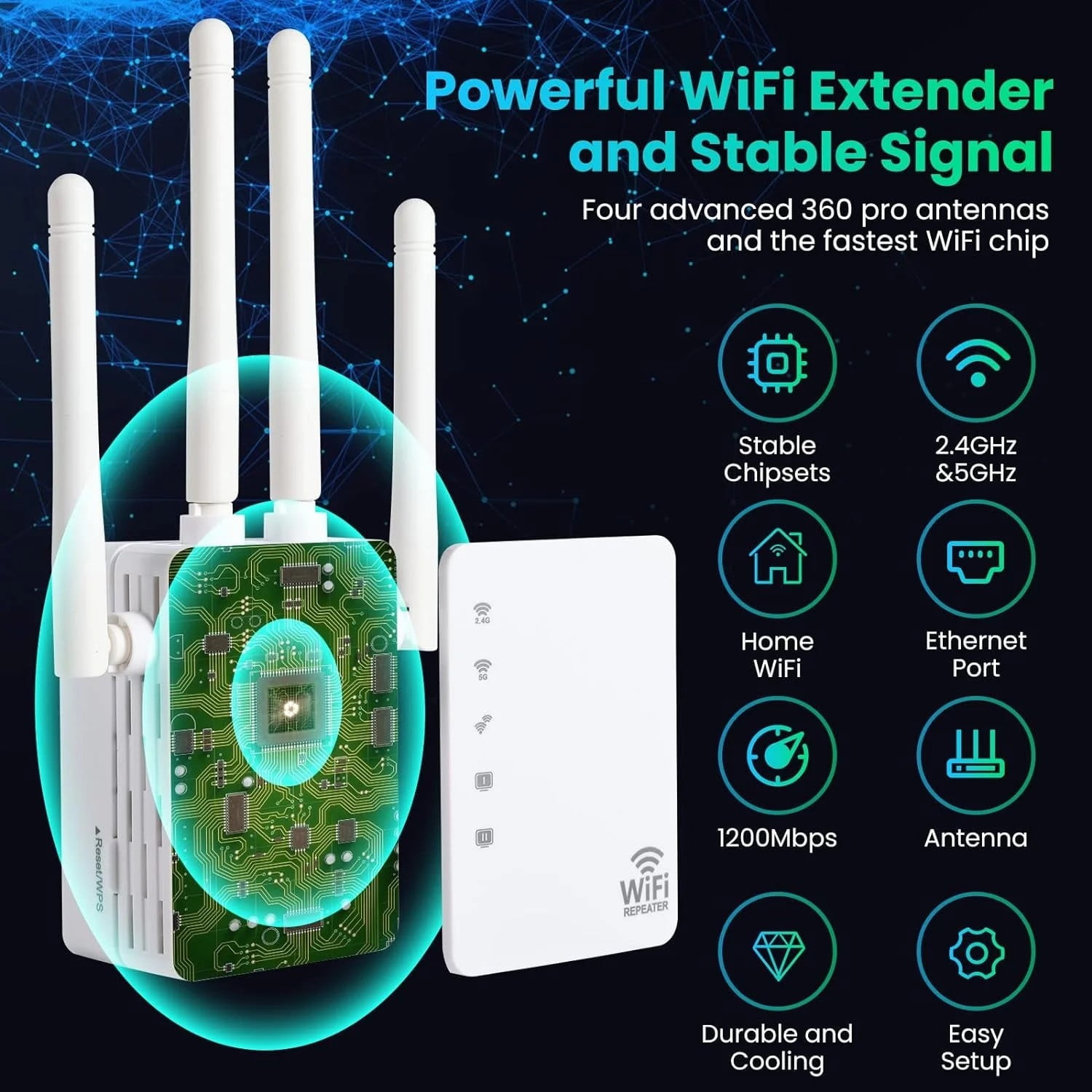 WLAN-Extender mit Antennen und Symbolen, mit weißem Hintergrund.