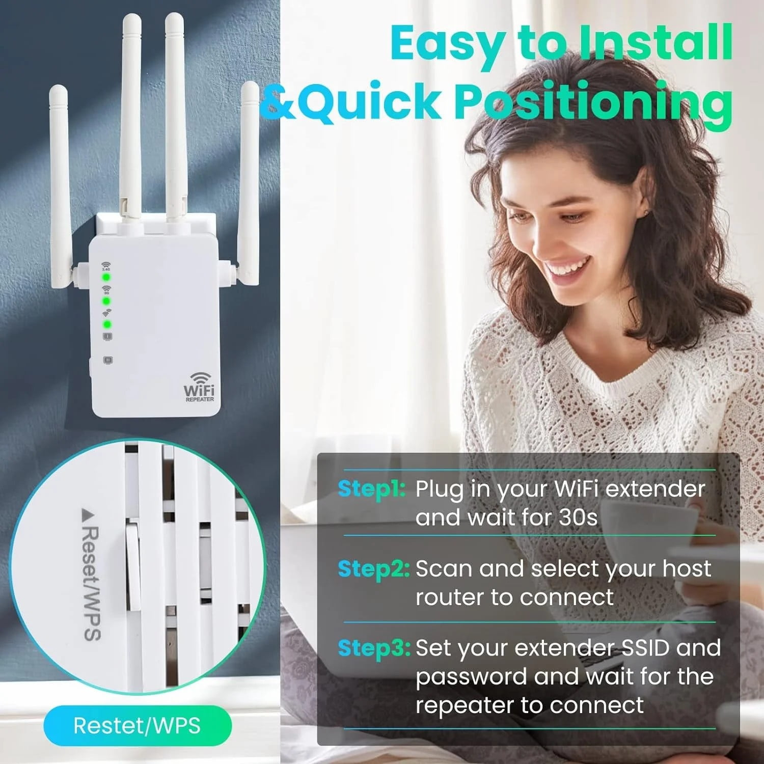 Frau installiert einen WLAN-Repeater, mit Anweisungen zum Verbinden mit dem Netzwerk.