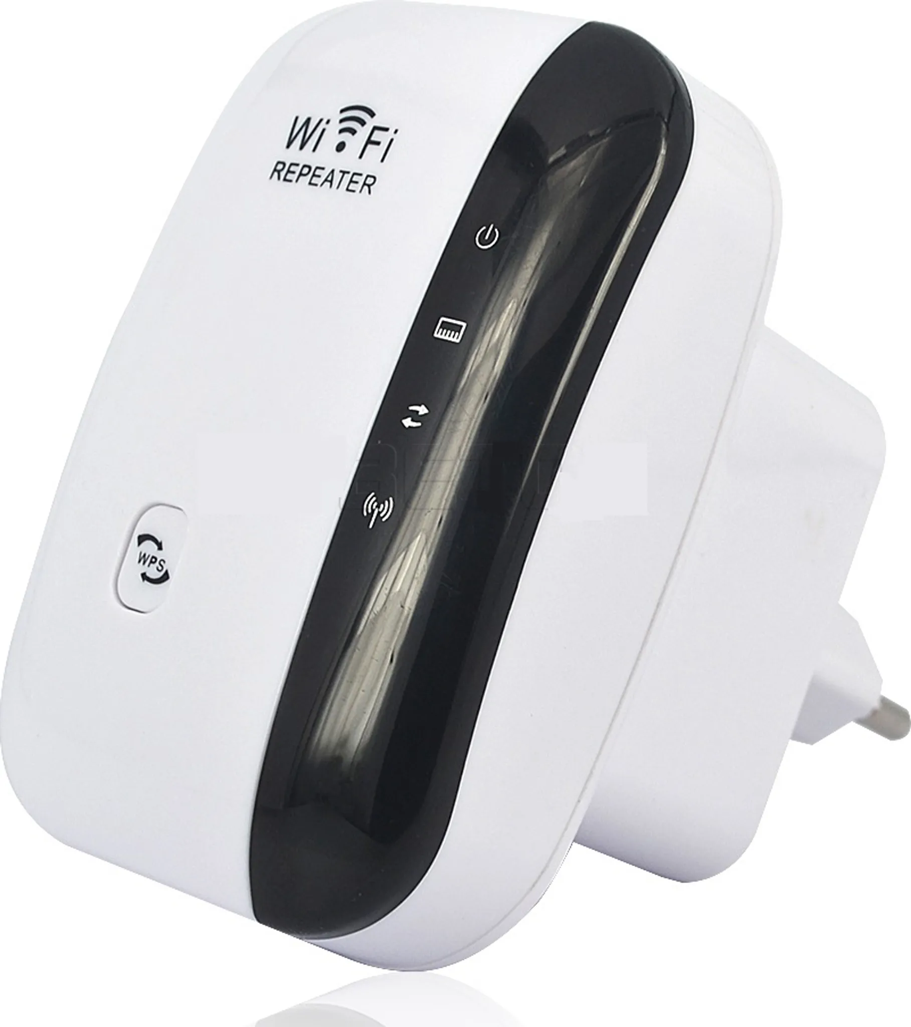 Weißer WLAN-Repeater mit schwarzem Streifen, zeigt Strom- und Verbindungsanzeigen.