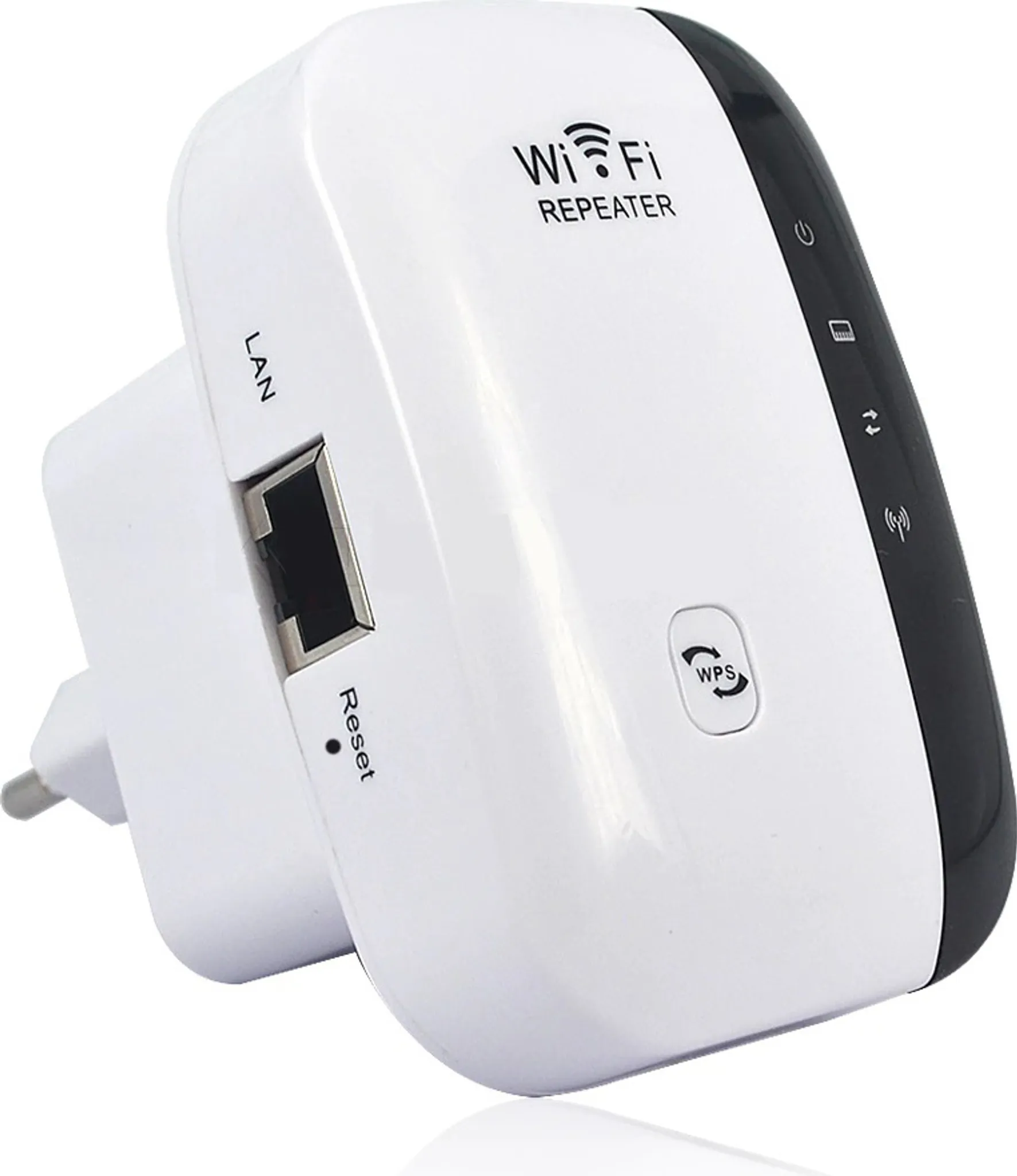 Weiß-schwarzer WLAN-Repeater mit LAN-Anschluss, Stecker, WPS-Taste und Kontrollleuchten.