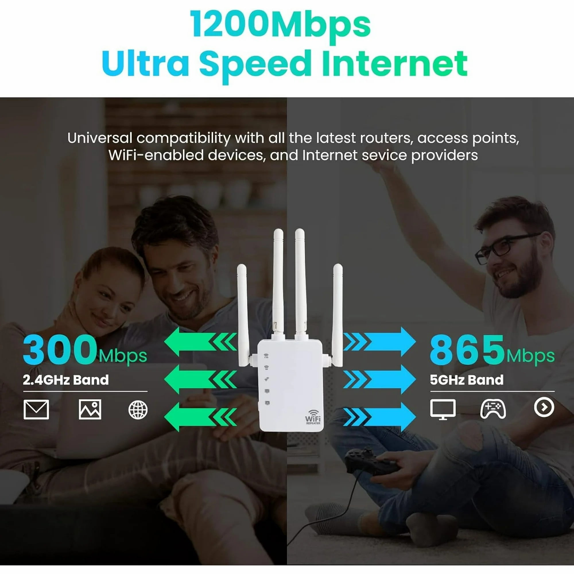 Personen, die WLAN nutzen, zeigen die Geschwindigkeit von 300 Mbit/s und 865 Mbit/s mit Repeater.
