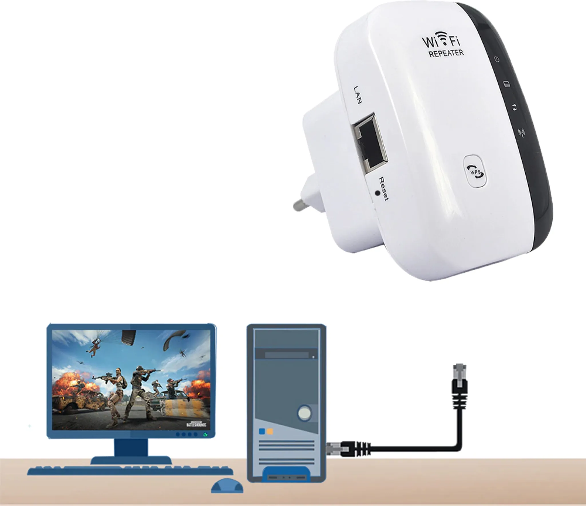 WLAN-Repeater verbunden mit einem Computer mit Gaming-Bildschirm, mit Desktop-Setup.