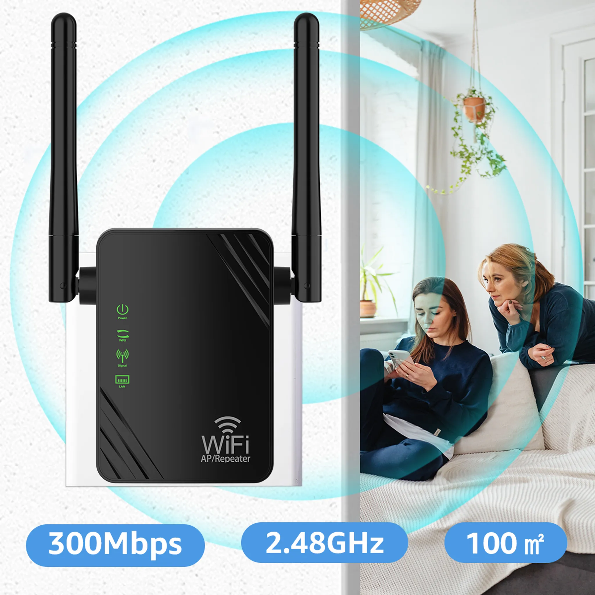 WLAN-Repeater mit Antennen, zeigt zwei Personen auf dem Sofa mit Signalverteilung.