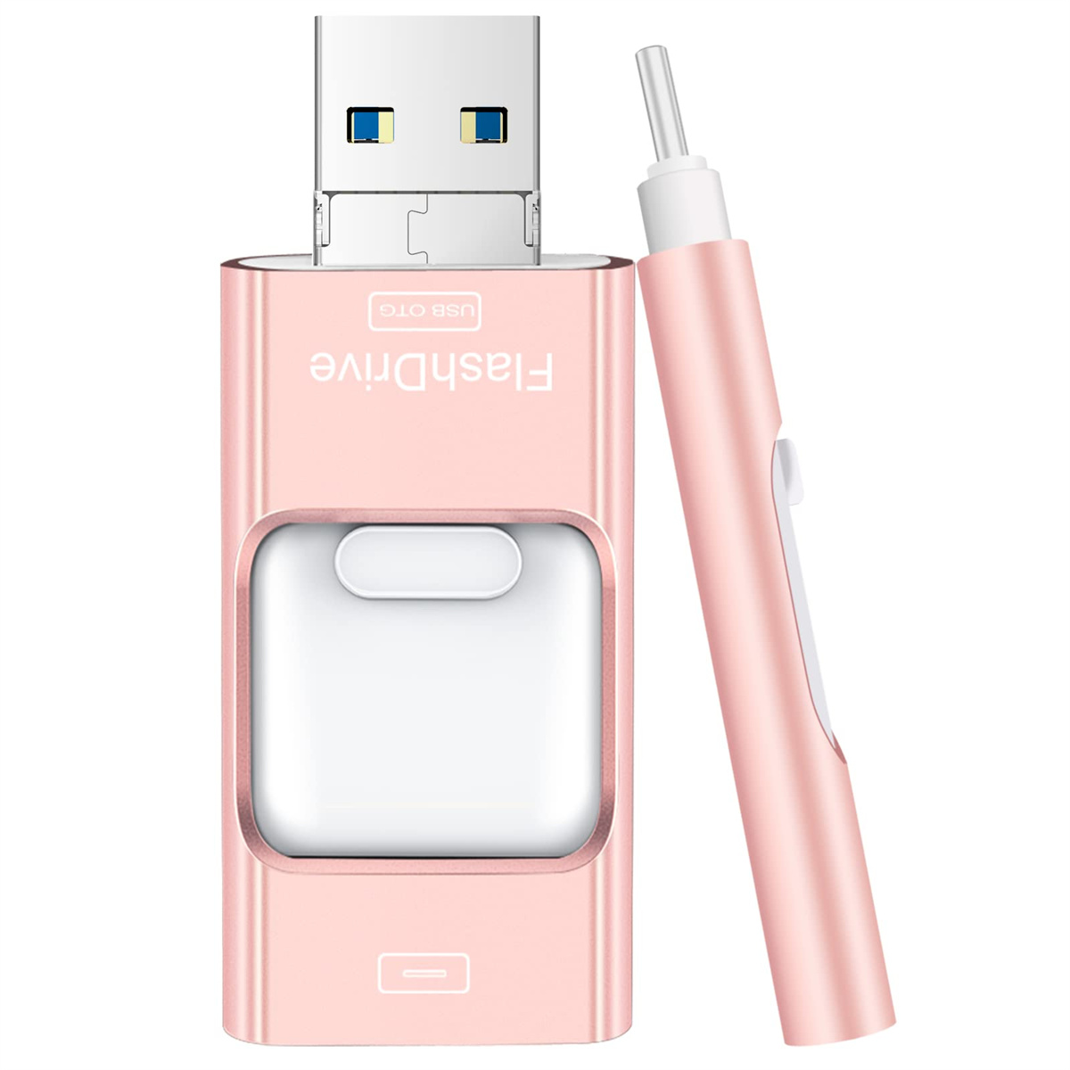 Rosa USB-Stick mit USB-A- und USB-C-Anschluss und einem Stylus-Stift.