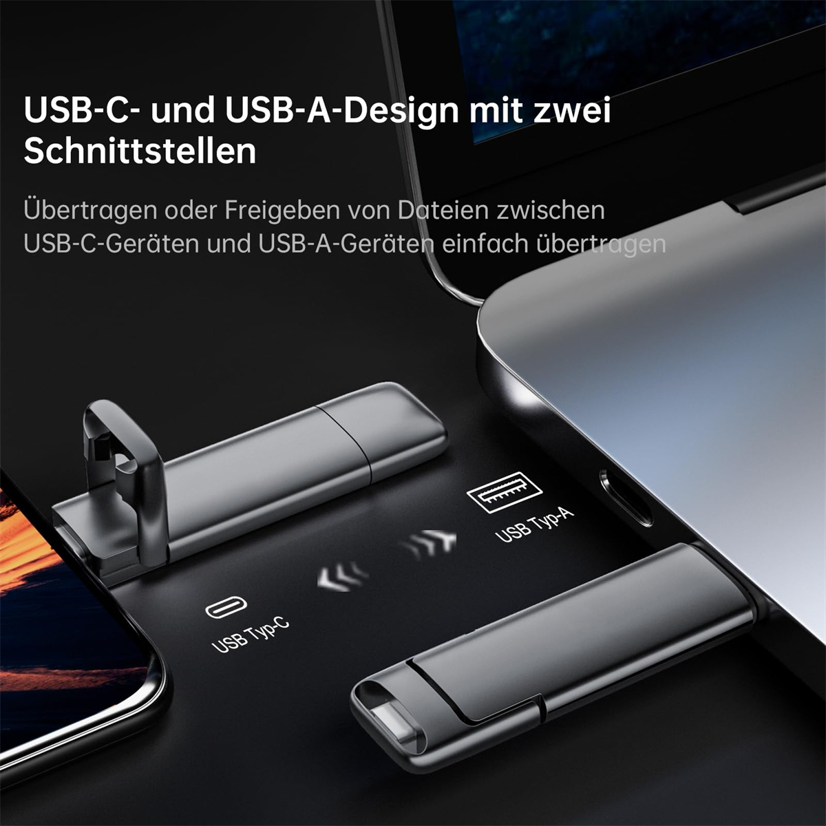 USB-C- und USB-A-Adapter mit Telefon und Laptop, die Datenübertragung zeigen.