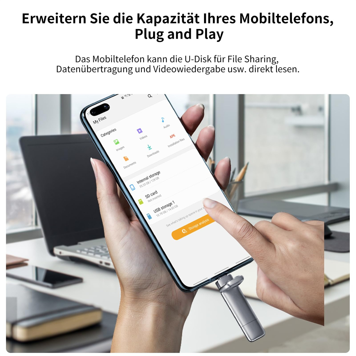 Telefon mit USB-Anschluss an ein USB-Laufwerk angeschlossen, zeigt Dateiverwaltung auf dem Bildschirm.