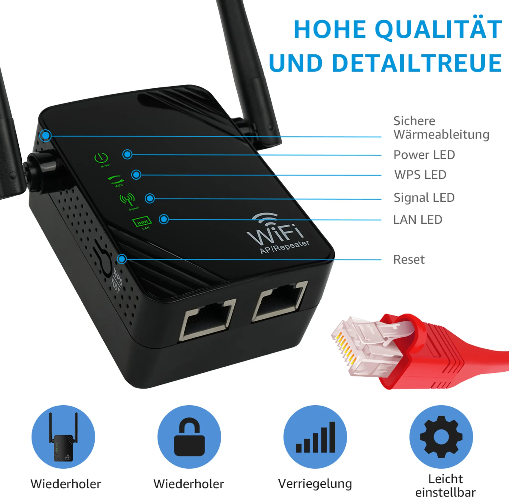 Ein schwarzer WLAN-Repeater mit Antennen, einem roten Kabel und verschiedenen Kontrollleuchten.