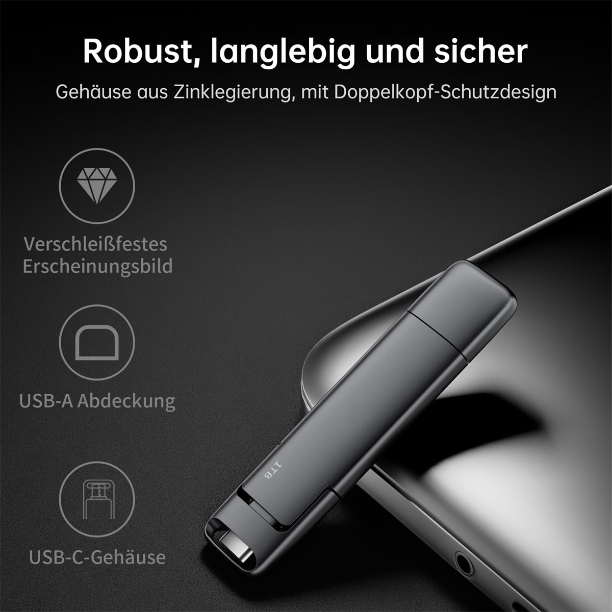Ein grauer USB-Stick mit Symbolen für Diamant, USB-A- und USB-C-Anschlüsse.