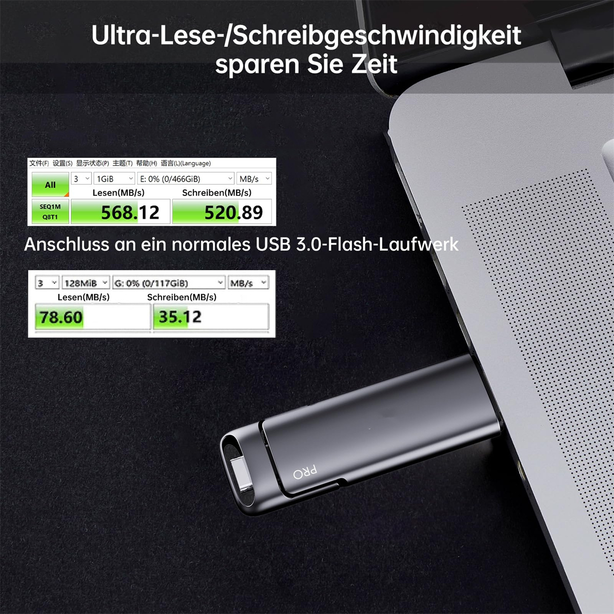 Ein Laptop, der mit einem USB-Flash-Laufwerk verbunden ist, mit Informationen zur Datenübertragungsgeschwindigkeit auf dem Bildschirm.
