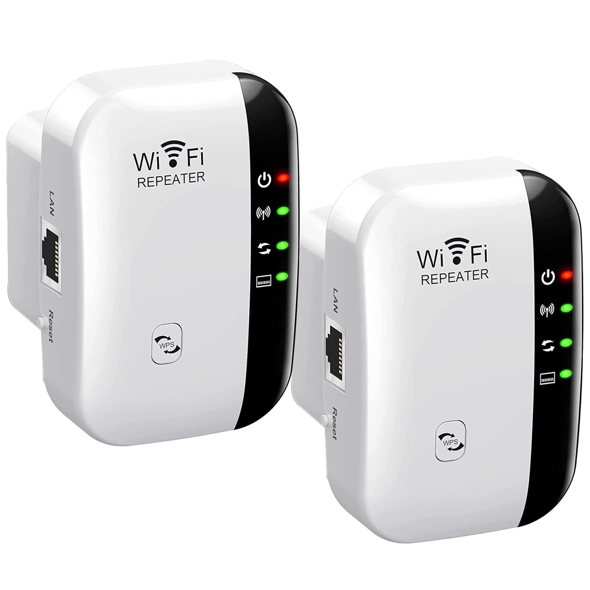 Zwei weiße WLAN-Repeater mit schwarzen Akzenten, die Strom- und Signalindikatoren zeigen.