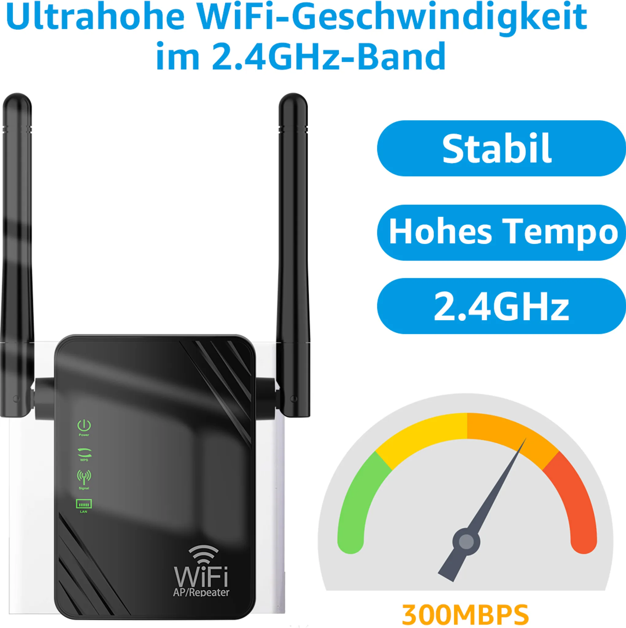 Ein WLAN-Repeater mit Antennen und einem Geschwindigkeitsanzeiger, der 300MBPS und eine stabile Verbindung anzeigt.
