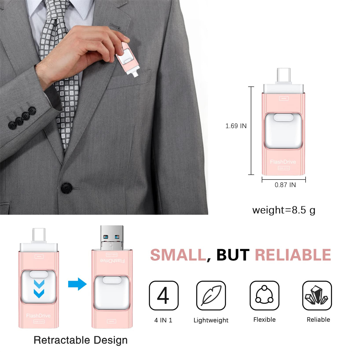 Ein rosa USB-Flash-Laufwerk wird in einer Anzugtasche gehalten, mit Details zu Größe und Funktionen.