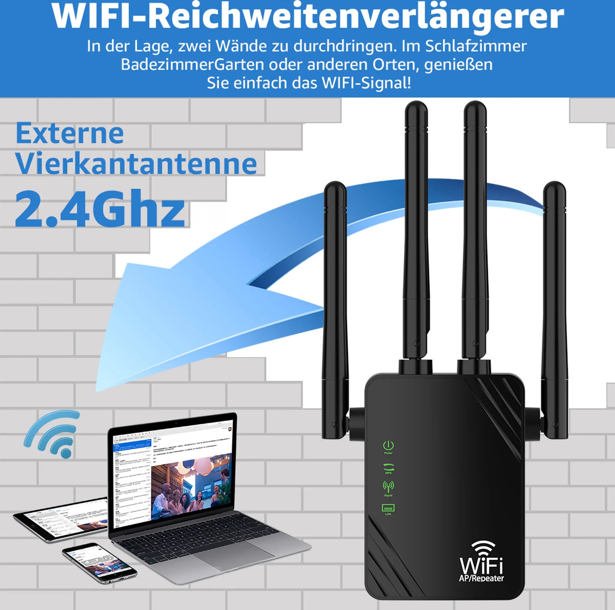 Ein schwarzer WLAN-Extender mit Antennen, mit Laptop und Tablet, die ein WLAN-Signal anzeigen.