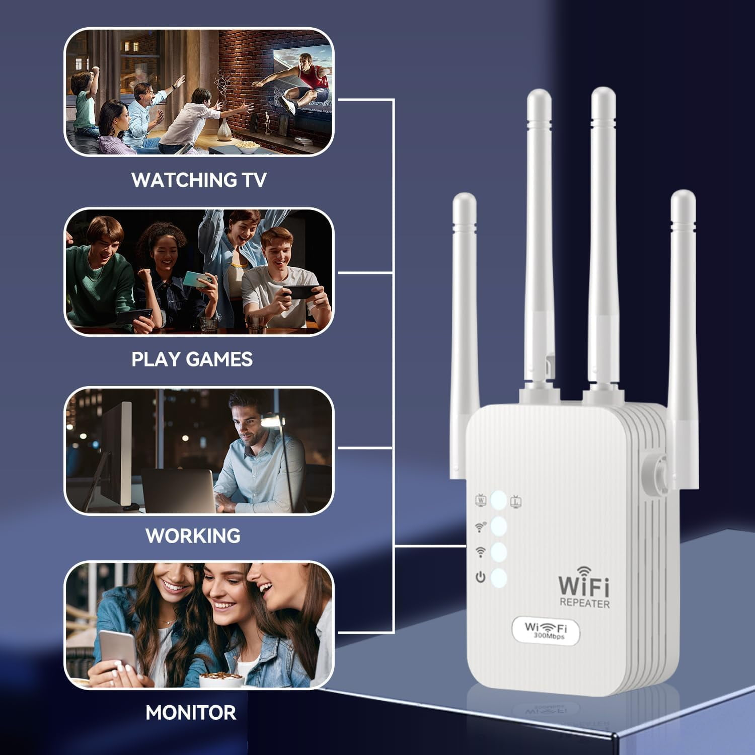 Weißer WLAN-Repeater mit Antennen, Szenen von Personen, die fernsehen, spielen, arbeiten und Telefone benutzen.