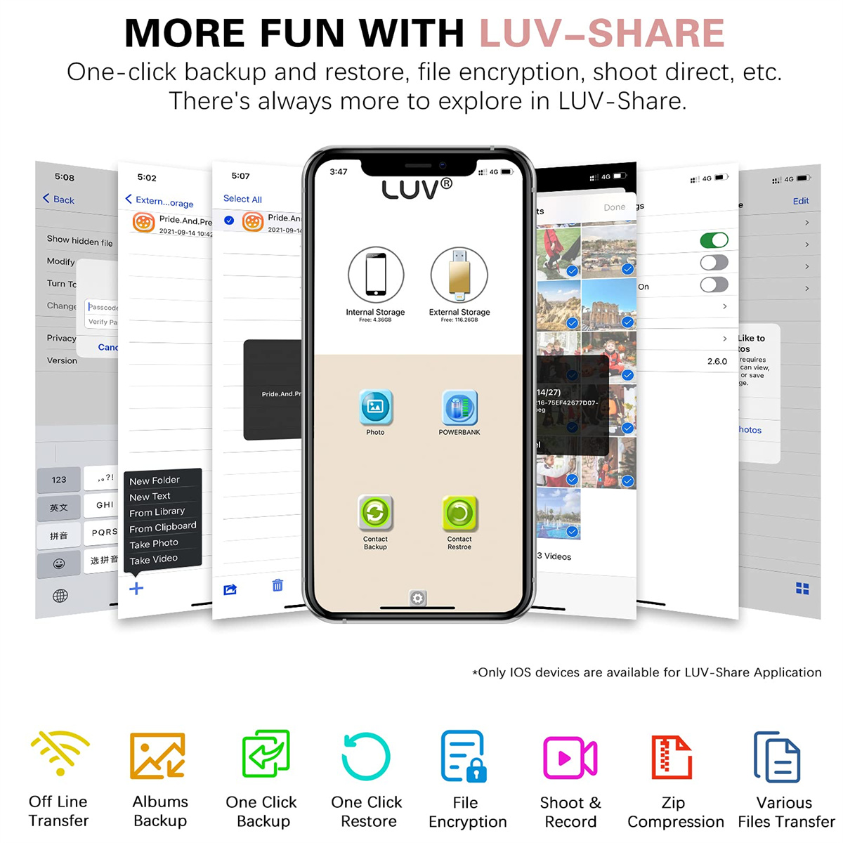 Eine Smartphone-Oberfläche mit mehreren Symbolen, darunter Datei-Verschlüsselung und Album-Backup.