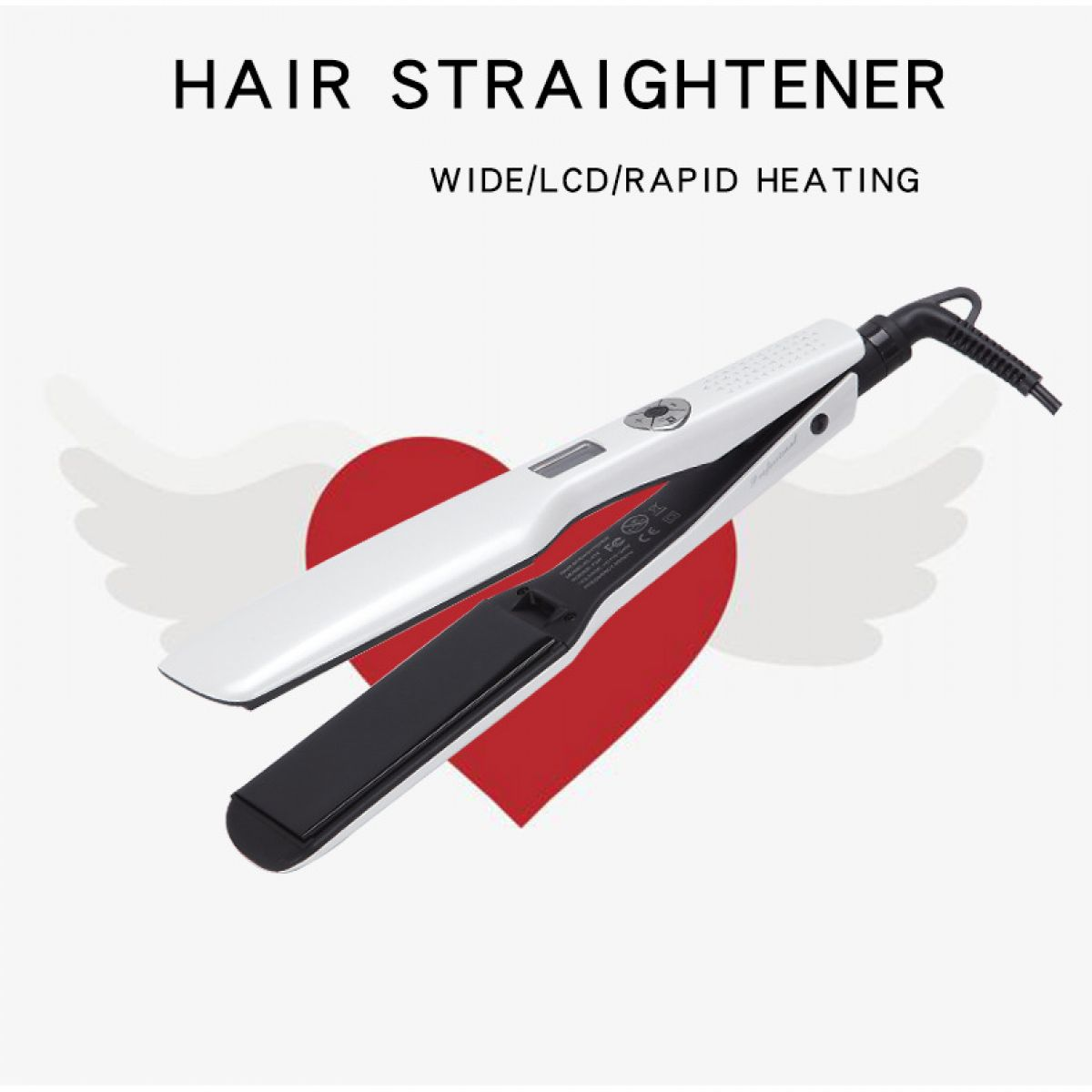 Ein Haarglätter auf einem roten Herz mit Flügeln, ein Symbol für Liebe und Schönheit.
