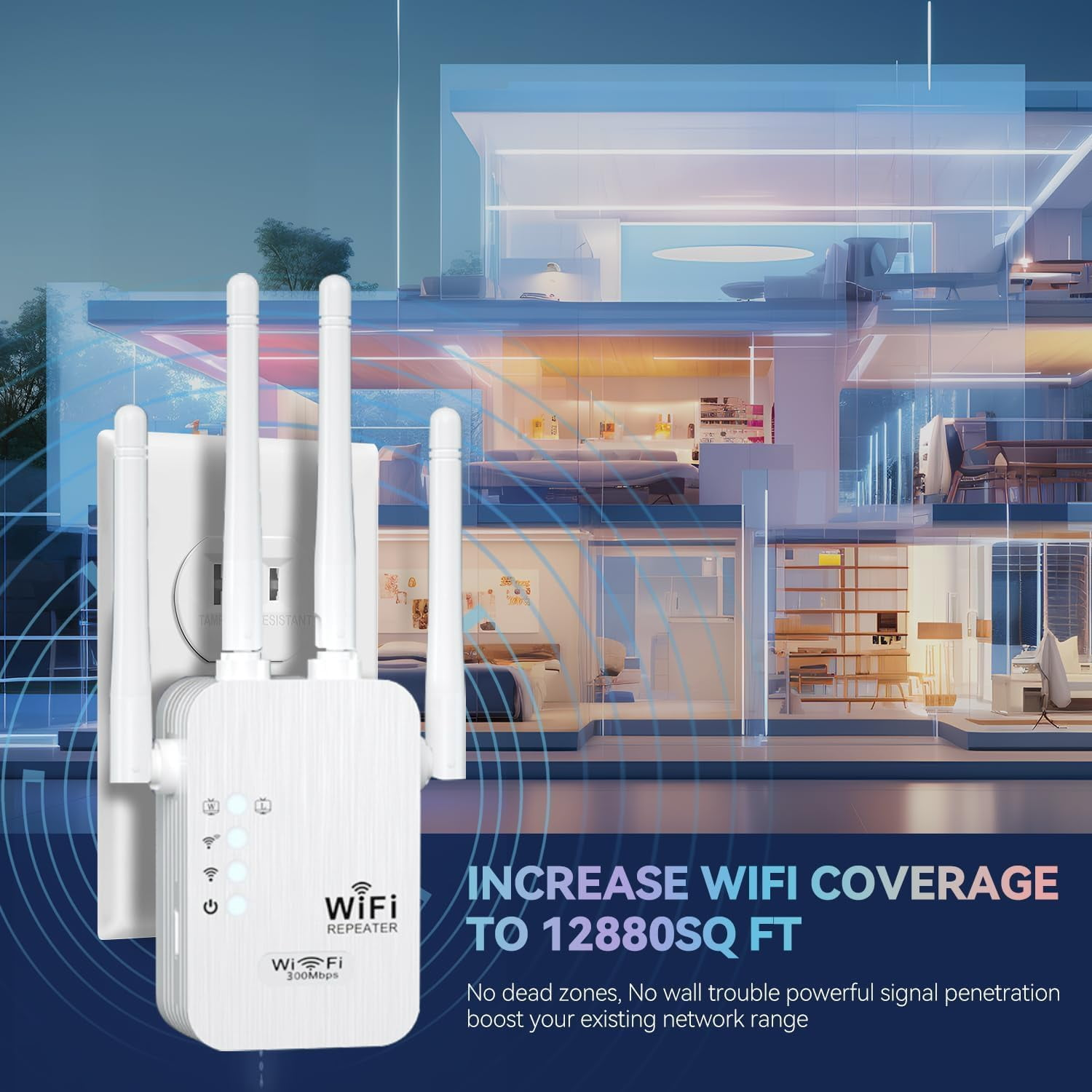 Ein wei ßer WLAN-Repeater mit Antennen, der in eine Wand gesteckt wird, mit einem Bild eines modernen Hauses.