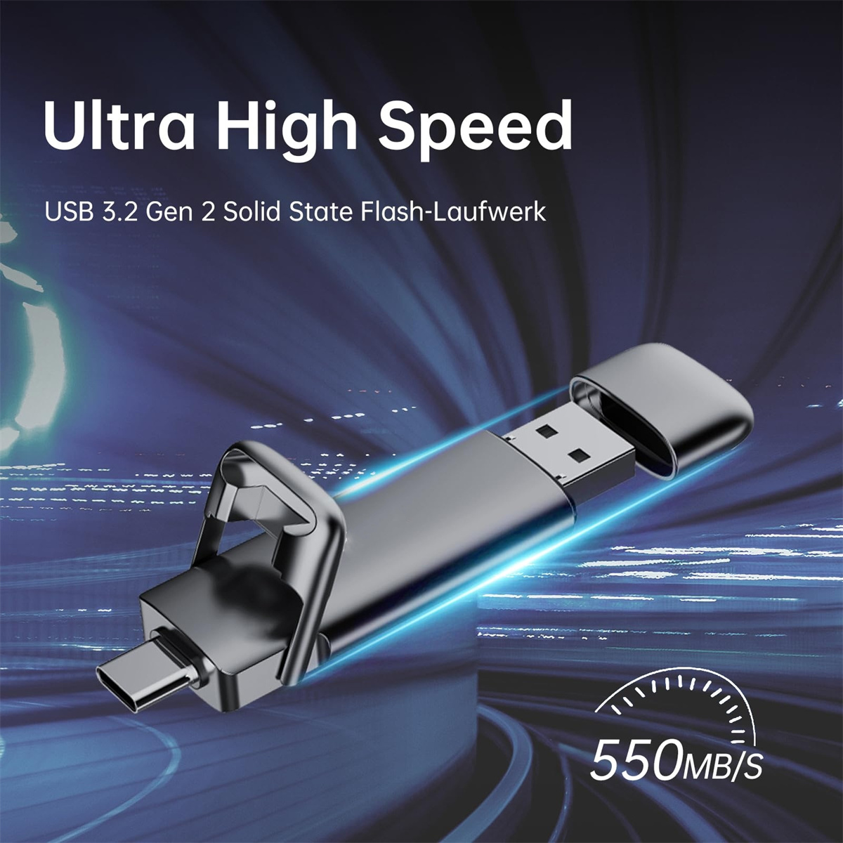 Ein silberner USB-Stick mit blauer Geschwindigkeitslinie und 550MB/s Geschwindigkeitsanzeige.